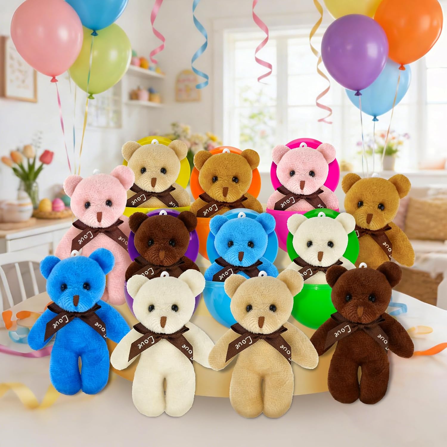 Abakuku 12 Pcs Prefilled Easter Eggs Plush Toy,3.15in Bright Colorful Eggs Prefilled with Variety Plush Toy Easter Basket Stuffers Party Favors Gift Bags