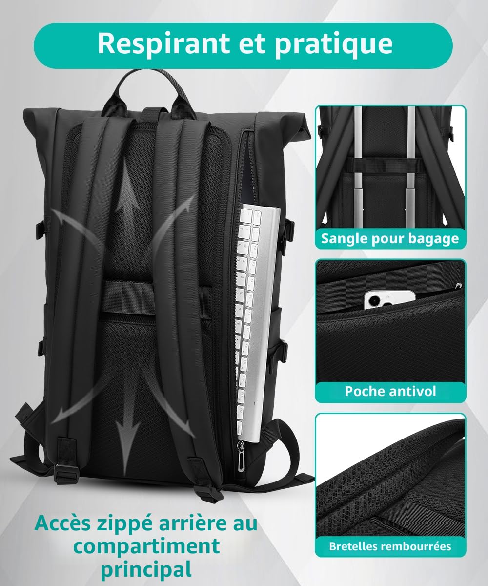 Sac a Dos Homme Etanche 33L pour 15 Pouces Ordinateur Portable Extensible pour Randonnée Travail Voyage Cyclisme Université-Noir