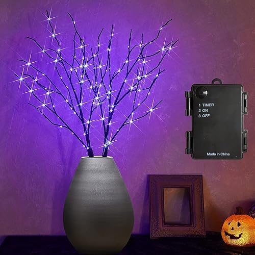 Miniatura 8 de Fudios Ramas iluminadas de Halloween con temporizador, 100 luces LED moradas de 36 pulgadas, luces de rama negras artificiales para Halloween,