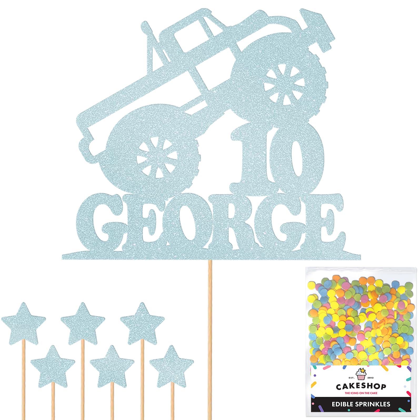 Personalised Monster Truck Glitter Cake Topper- Light Blue Any Custom Age & Name Glitter Cake Decoration and Sprinkles - Happy Birthday Decorations - Personalised Toppers for Cakes by Cakeshop — image 1