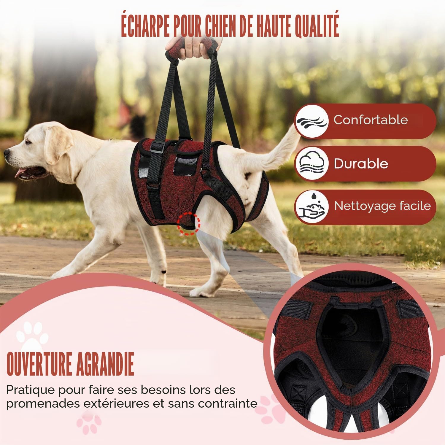 SlowTon Hind Leg Support Harness Sling pour Chiens de Taille Moyenne - Harnais de Levage de Chien réglable Confortable pour Les Personnes âgées blessées arthritiques handicapées (Rouge, XL)