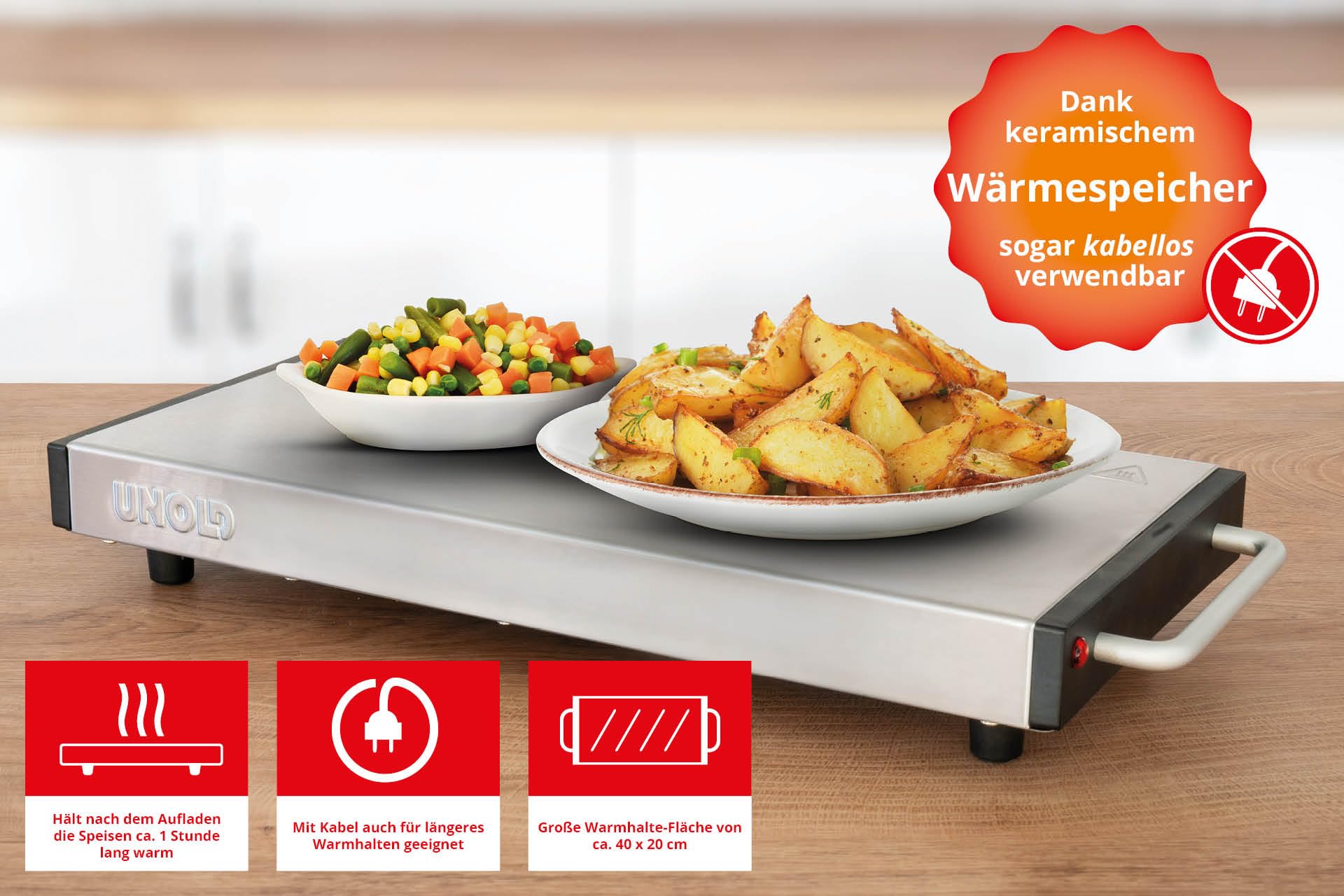 Unold Elena Wärmespeicherplatte 1100 Watt Keramik Edelstahl 40x20 cm mobil aufladbar Überhitzungsschutz
