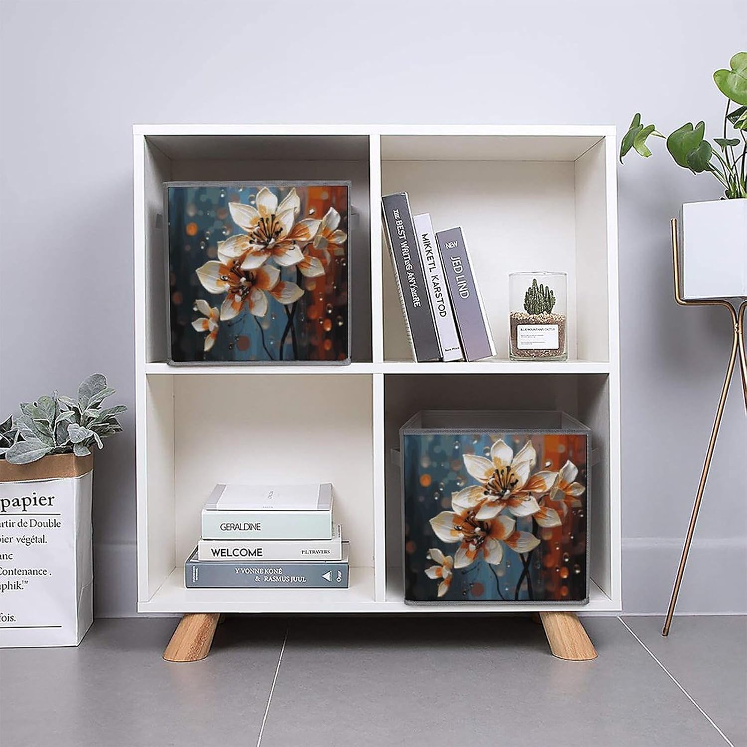 Modern Flower Storage Cubes Set of 6 Storage Bins with Handles Collapsible Storage Basket Fabric Storage Box for Shelves Large Closet Shelf Organizer for Organization 11 Inch