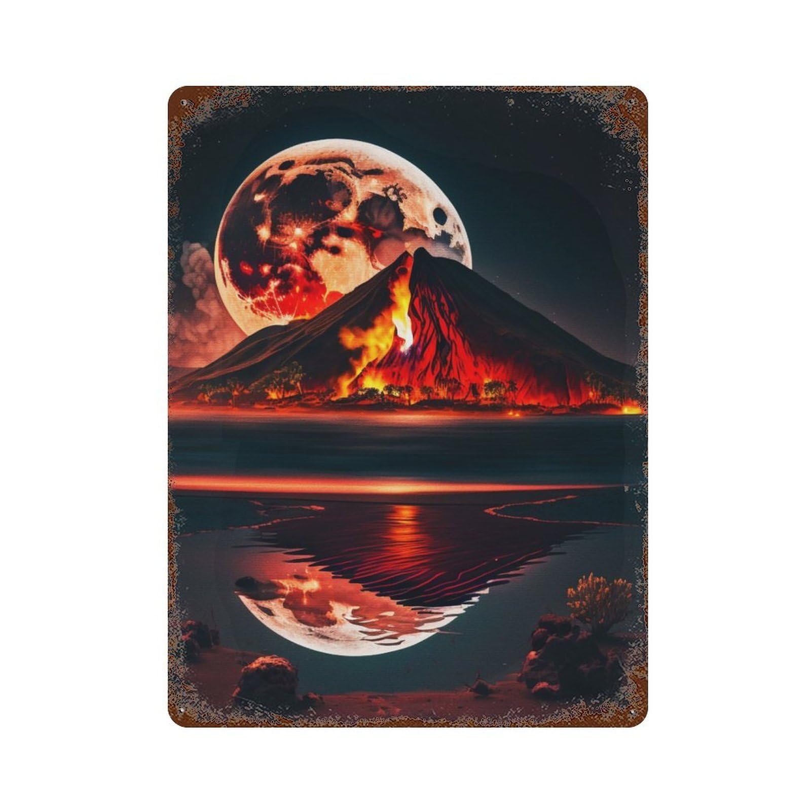 Garage Style Volcano Red Moon at Night Rustic Tin Plaque 15.7"x11.8", Classic Wall Plaque for Bar And Workshop