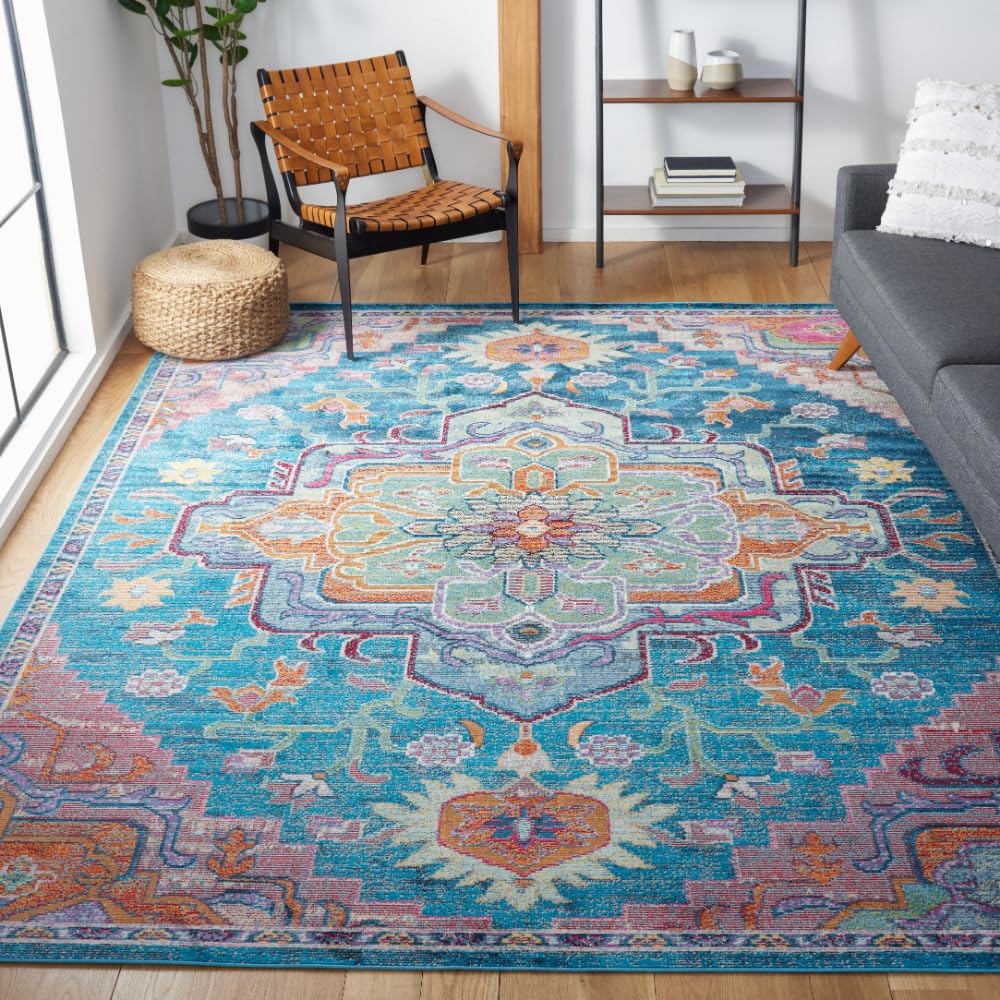 SAFAVIEH Crystal Collection Area Rug - 9' x 12', Teal & Rose, Medallion Distressed Design, Non-Shedding & Easy Care, Ideal for High Traffic Areas in