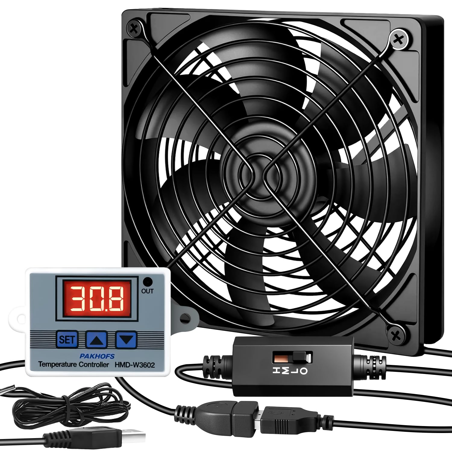 RUIZHI Ventilador USB para PC, 120 mm, 5 V, carcasa con regulador de temperatura digital, ventilador USB, doble rodamiento de bolas, 3 velocidades ajustables, para PS5, portátil, TV Box, armario AV