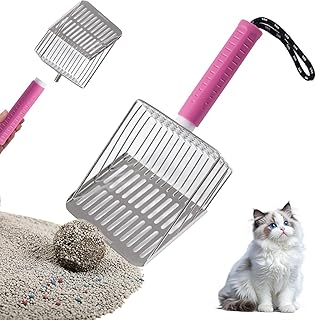 Pá de Areia para Gatos, Pá de Metal Sólida e Durável para Gatos, Peneira de Aço Inoxidável, Resistente, para Caixa de Areia, Outros Animais de Estimação Hamster, Cabo de Borracha (Rosa)