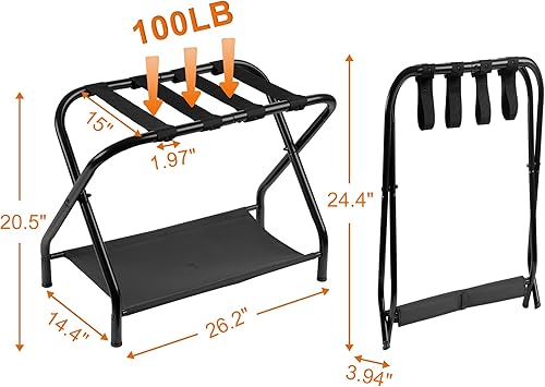 Miniatura 3 de Heybly Portaequipajes, paquete de 2, soporte plegable de acero para maleta con estante de almacenamiento para dormitorio, hotel, marco de acero