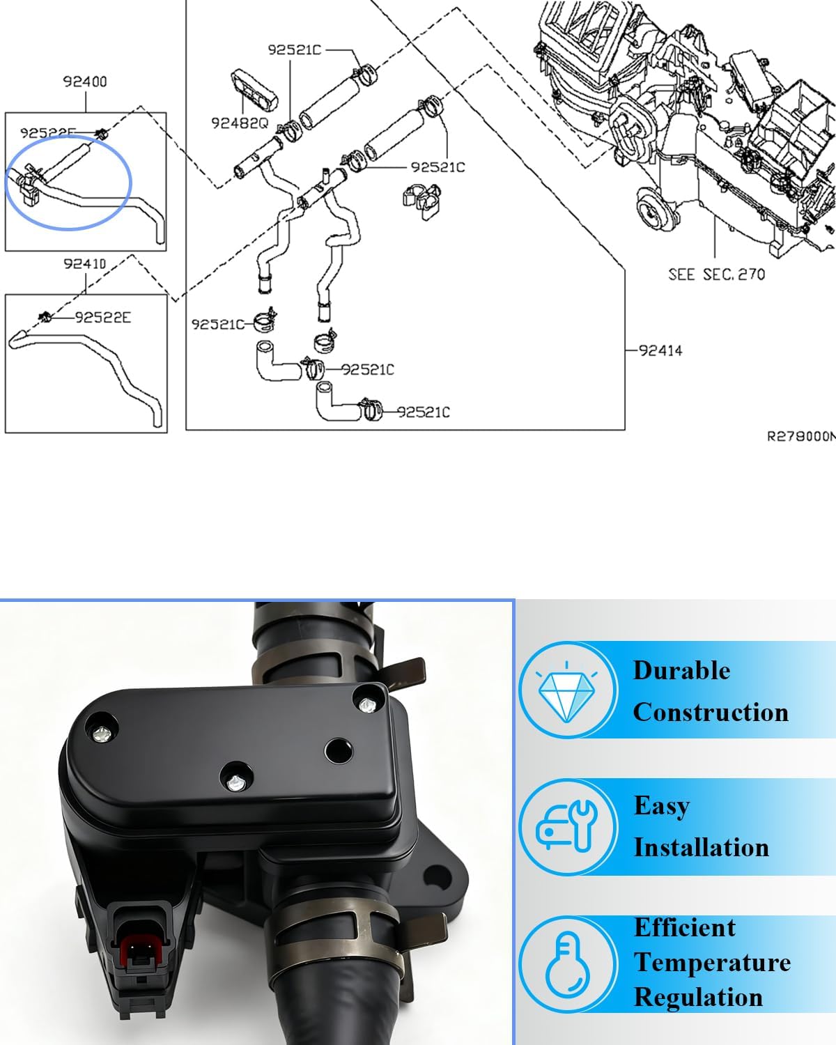 92400ZW10A Heater Control Valve Compatible with 2004-2015 Nissan Armada 5.6L, 2006 2007 2008 2009 2010 Infiniti QX56 5.6L, Heater Control Valve Replace OE# 92400-ZW10A 92400-ZC300 92400ZC300