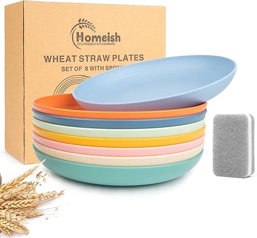 Homeish Platos de paja de trigo irrompibles platos de plástico ligeros reutilizables aptos para microondas y lavavajillas paquete de 8 platos
