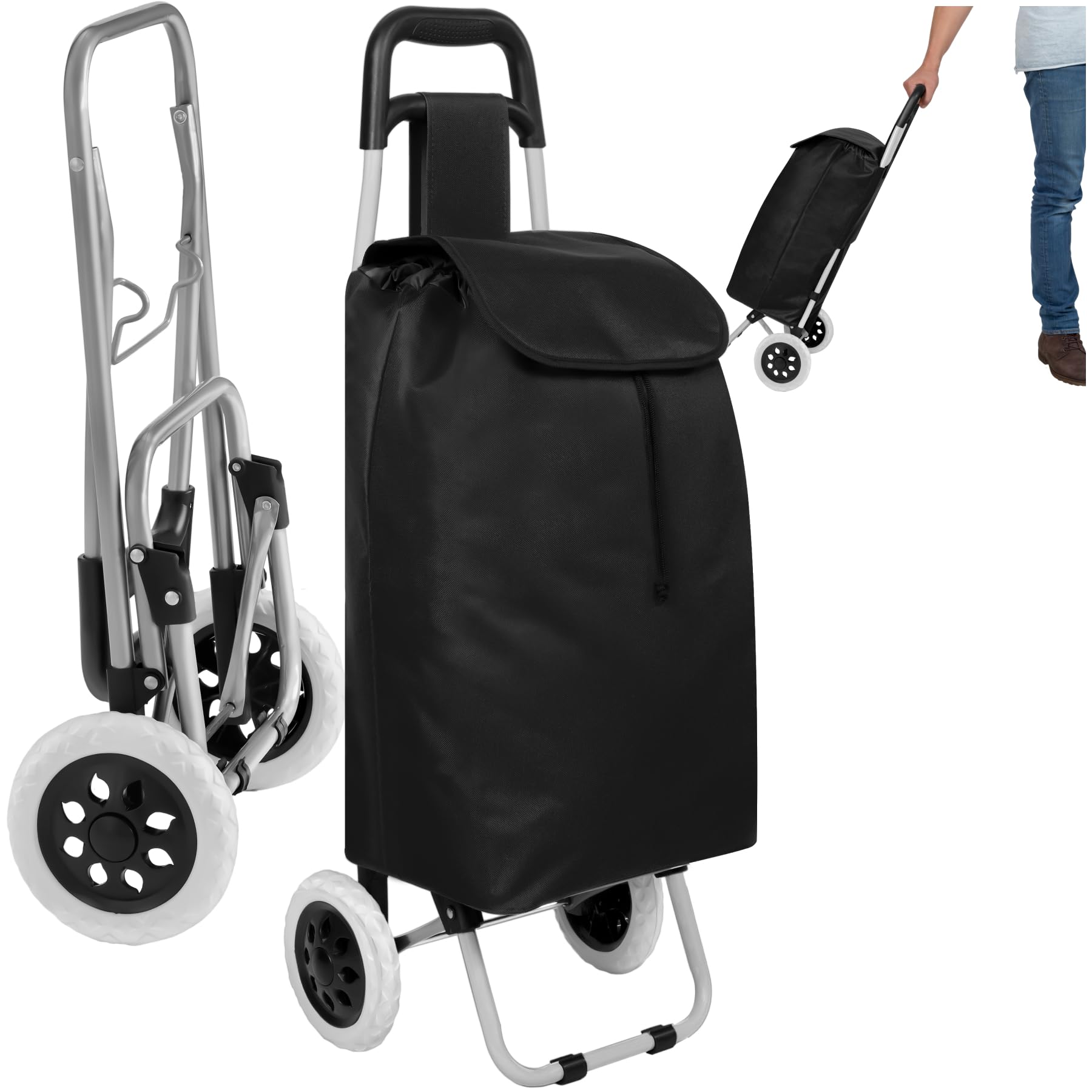 tectake® Trolley per la Spesa, 2 Ruote, Pieghevole, con Sacca Asportabile, Grandi Ruote, Chiusura con Cerniera, Tasca Piccola, Disponibile in Diversi Colori - Nero