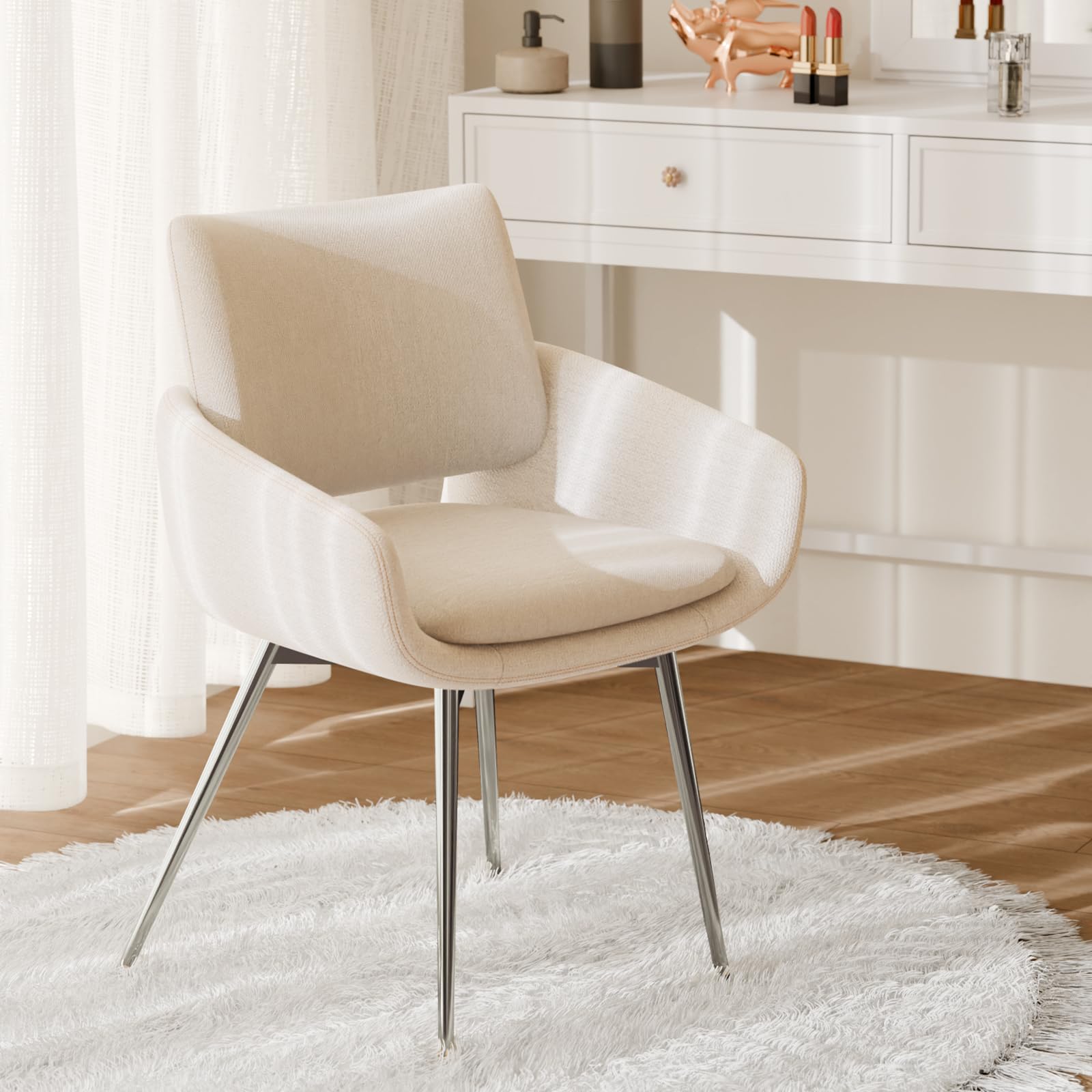 ELUCHANG 4 Sillas de Comedor, Chenilla​ Blanco Hueso, con Respaldo y Reposabrazos,Patas metálicas, para Comedor, Tocador, Cocina, Estables 150 kg
