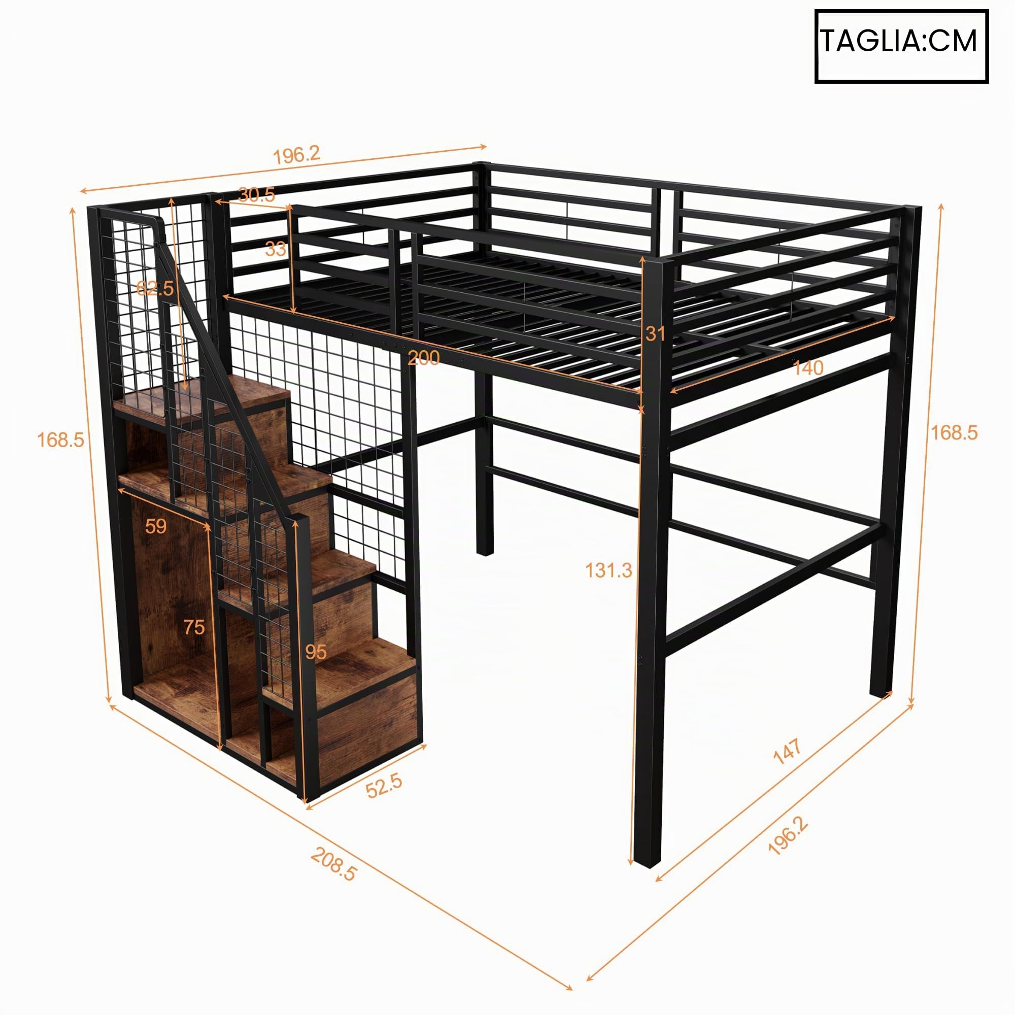 Dolamaní Letto a soppalco 140 x 200 cm con scala per bambini e adulti, rete da letto in metallo con sicurezza anti-caduta, grande spazio sotto il letto, nero