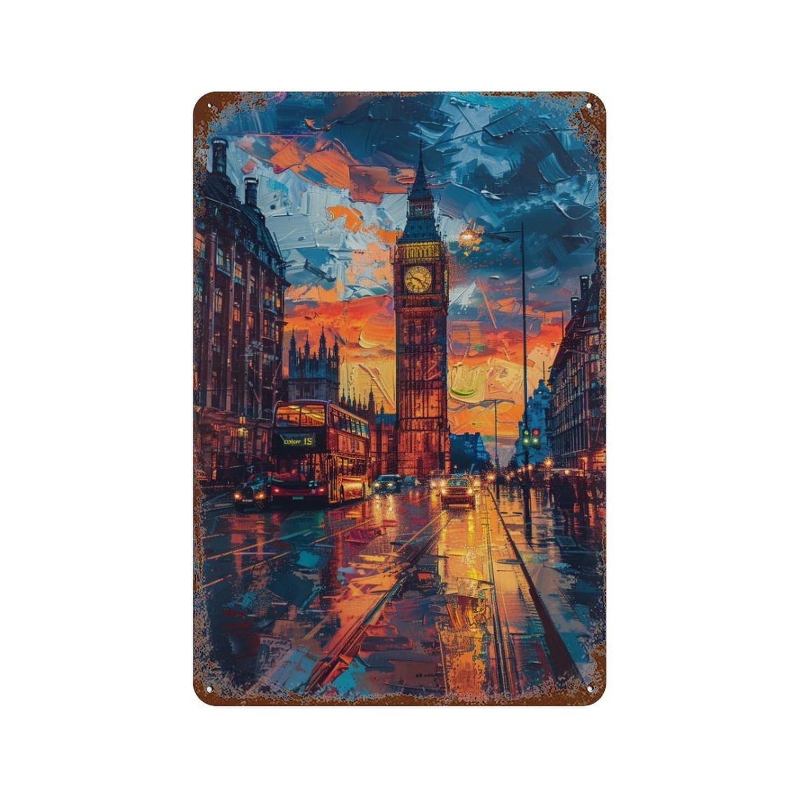 Garage Style London Rainy Night Street Scene Distressed Metal Wall Sign 11.8"x7.9", Rustic Home Decor for Bar And Workshop