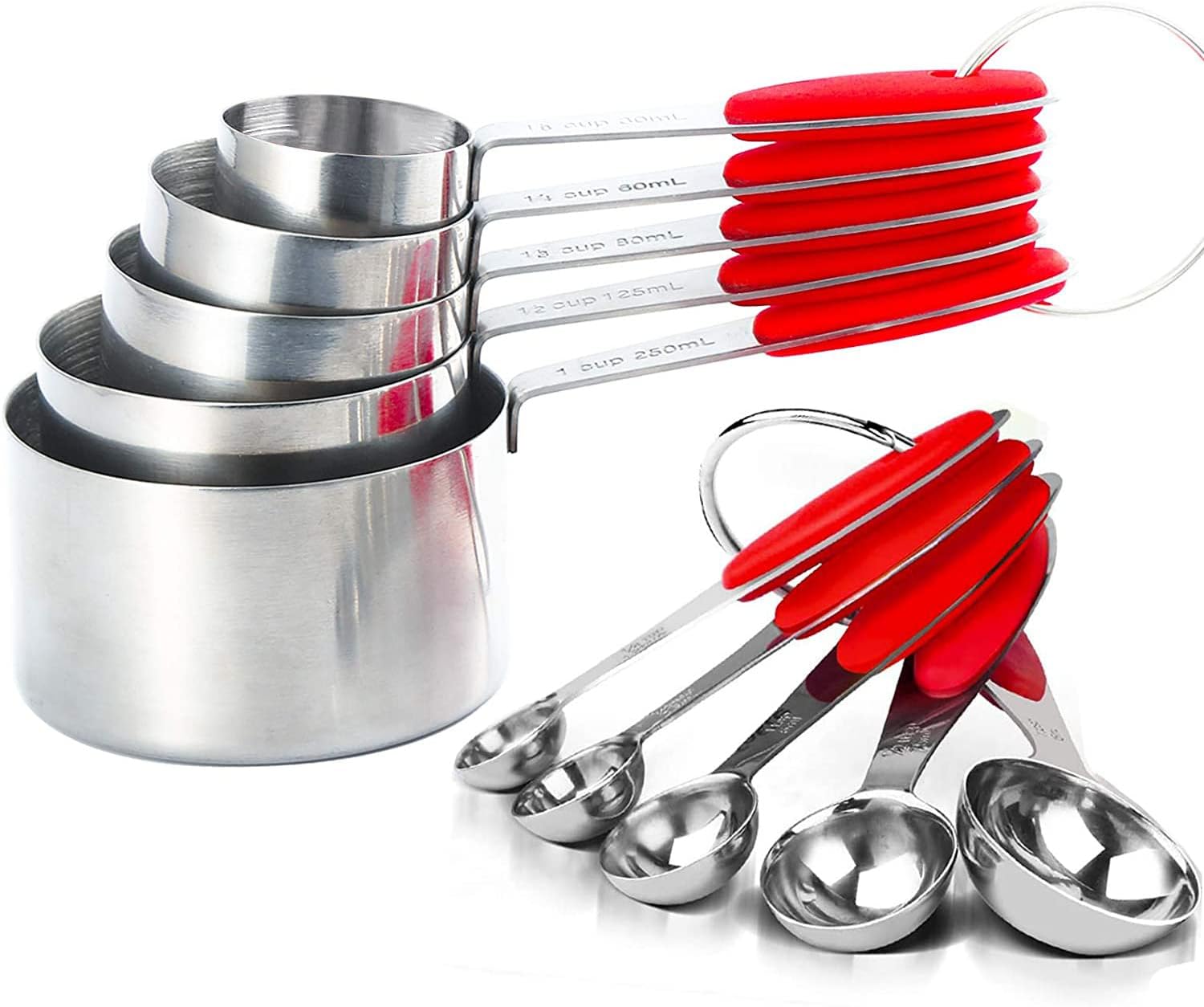 Measuring Spoons and Cups Set of 10 Pieces, Stainless Steel Measuring Utensils with BPA-Free Silicone Grips, Metal Scale Tools for Kitchen Cooking Baking, Dishwasher-Safe, Red