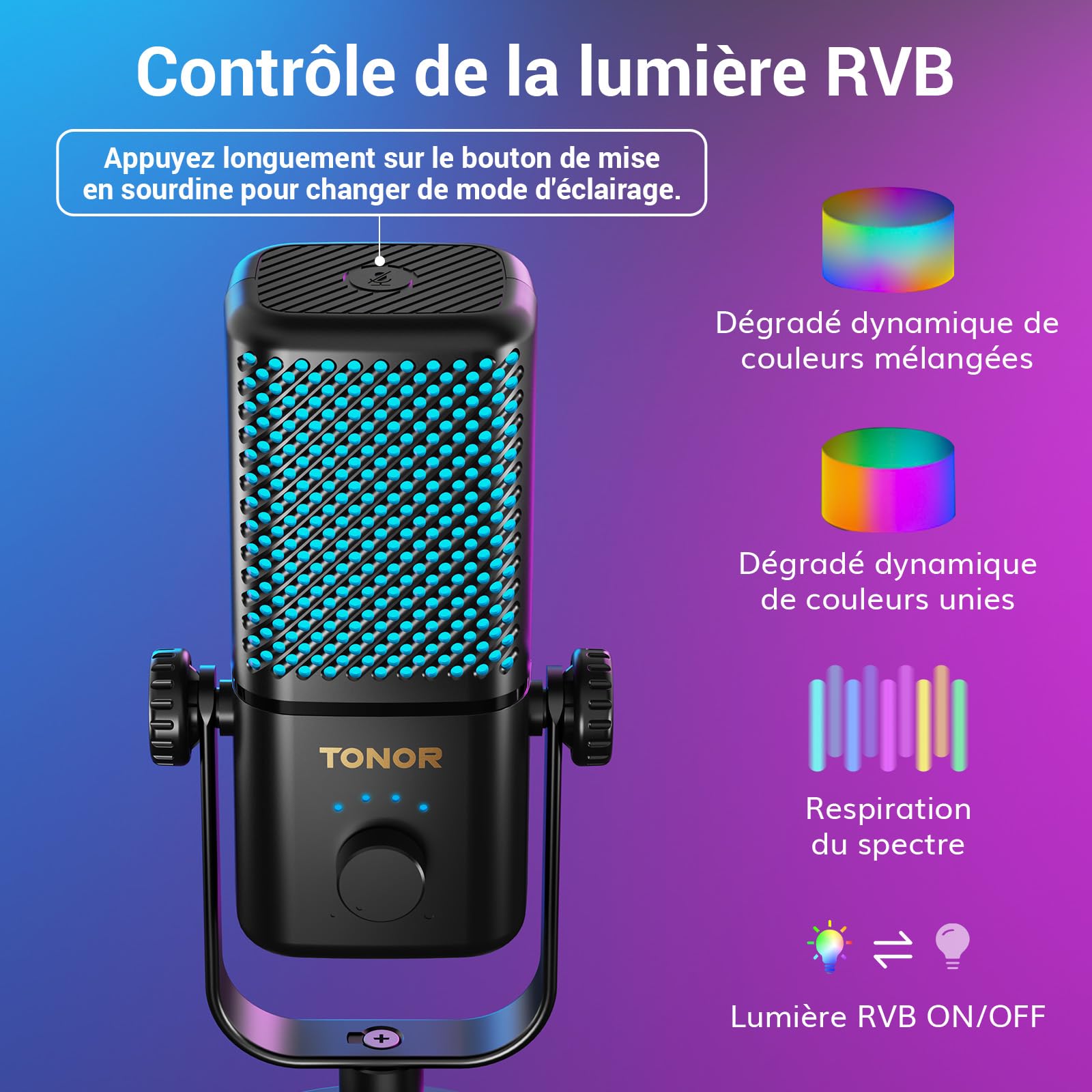 TONOR Micro Gaming Compatible avec Xbox, Microphone de Streaming à Condensateur RGB avec Autonomie de Batterie de 30 Heures, Coupure du Son en Un Clic, 200cm,TCX3