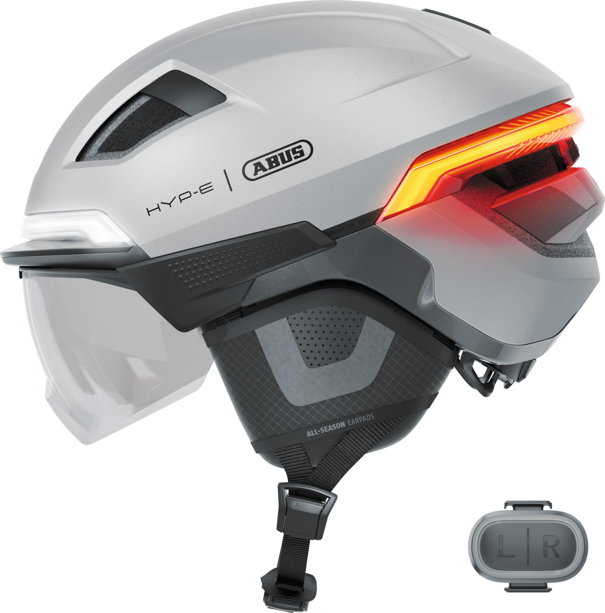 ABUS HYP-E Ace Bike Helmet - with Front Light, Rear Light and Indicator Light - with Visor and Earmuffs - Also Suitable for e-Bikes and S-Pedelecs - for Men and Women - Size S, Silver