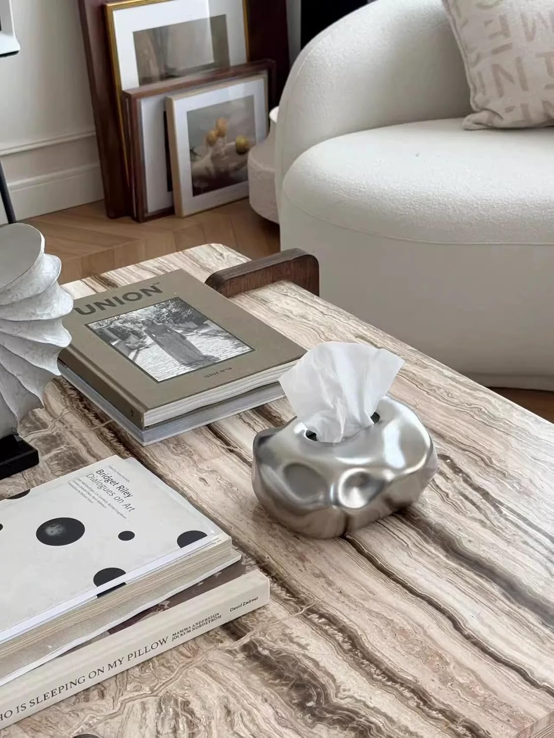 Decorative Ceramic Tissue Box, Modern Sculptural Design and 4 Colors, Creative Tissue Holder for Home/Office/Bathroom,7.68''L * 5.98''W * 3.94''H (Silver)