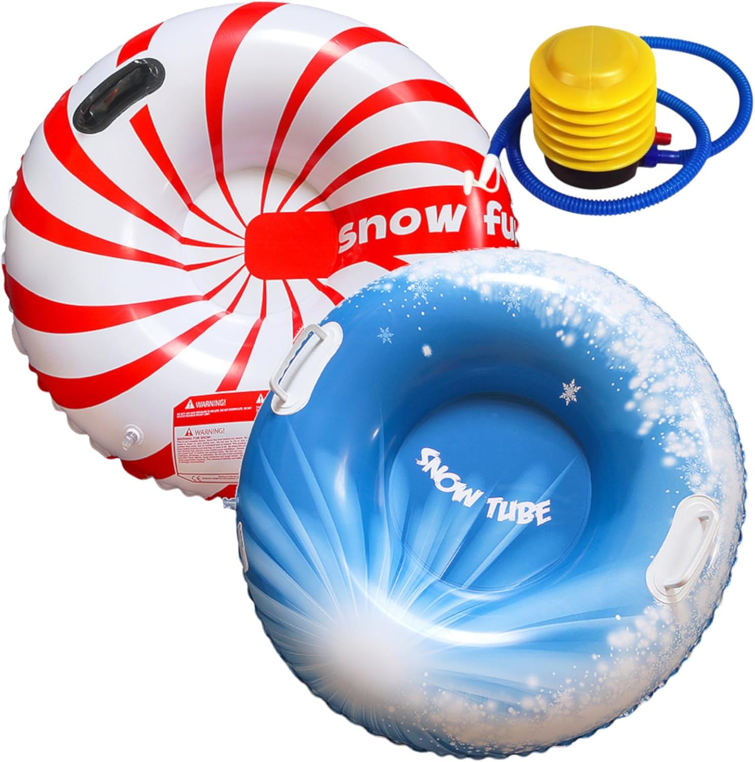 UTST スノーチューブ ソリ 雪遊び 冬遊び スノーソリ 雪そりボード 取っ手付き 空気入れ (ストライプ赤+青白+空気入れ)