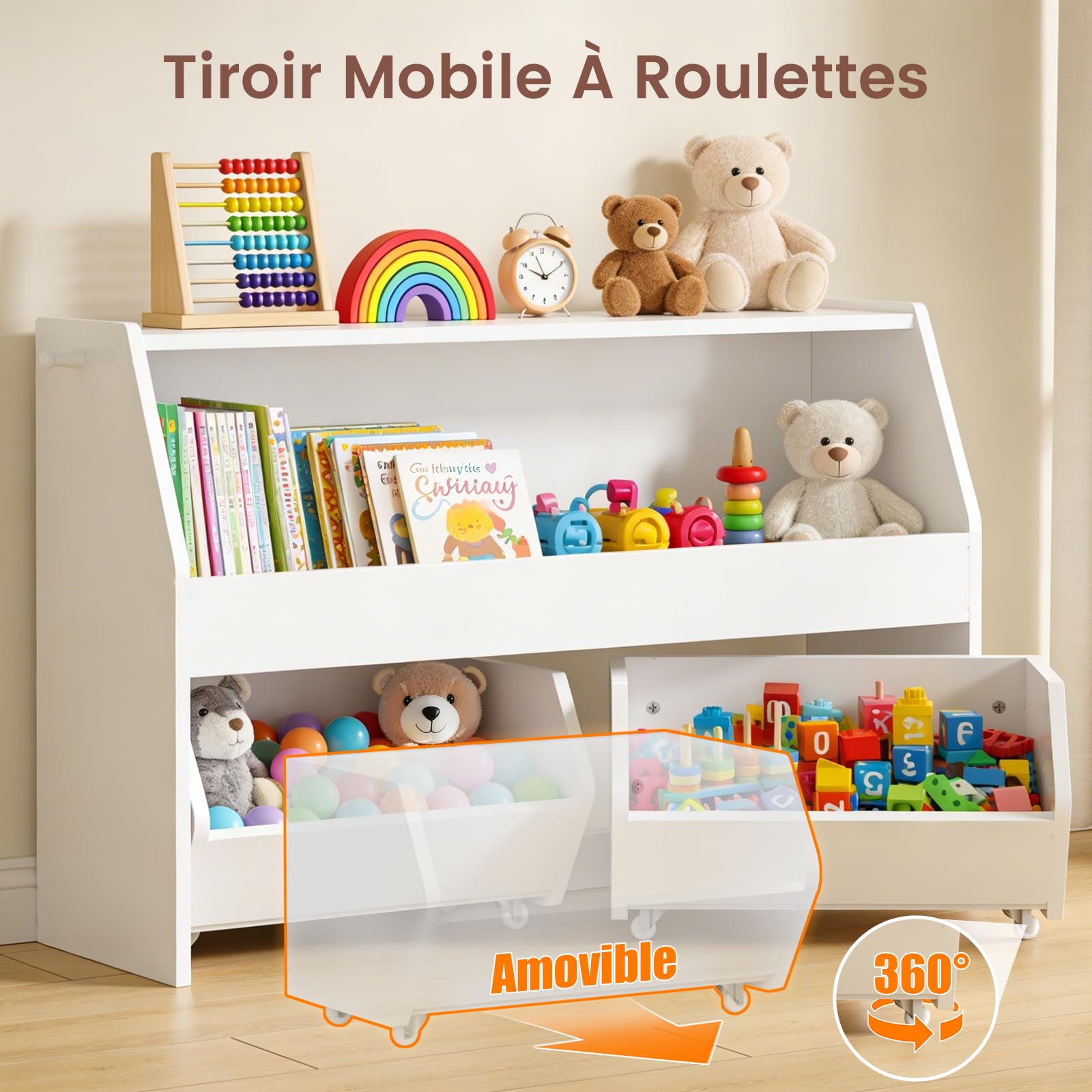 Meuble Rangement Enfant, Rangement Jouet Enfant Étagère avec 2 Tiroirs Roulants, Bois Meuble Rangement Jouet avec Crochet, pour Chambre Enfant/Salle de Jeu -Blanc 91x30 x60 cm