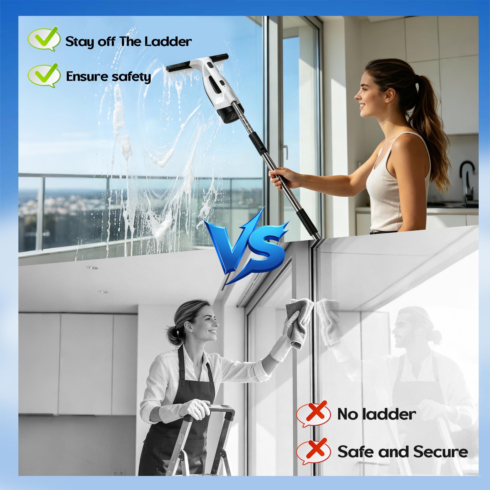 Akku Fenstersauger Set, 2000Pa Kabelloser Fensterreiniger Fensterputzer, 2200 mAh Window Elektrisch Wiederaufladbarer Fensterabzieher, 150ml Tank, für Fenstern, Duschtüren, Spiegeln, Fliesen
