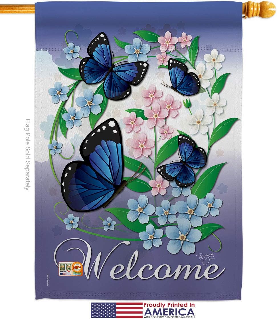Blue Butterflies House Flag Dowel Set Garden Friends Butterfly Ladybugs Dragonfly Bee Springtime Insect Natural Wildlife Small Decorative Gift Yard Banner Made In USA 28 X 40