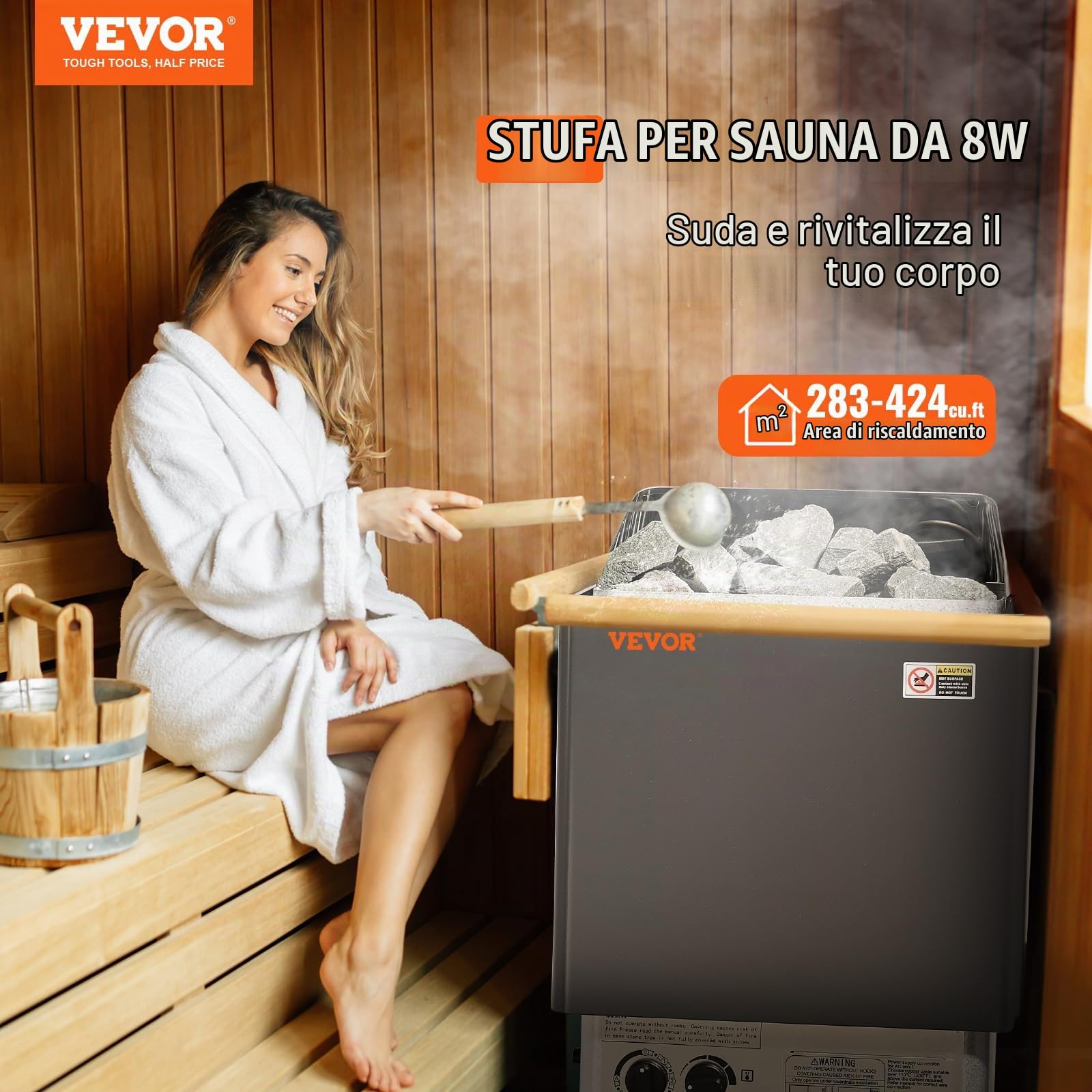 VEVOR Stufa per Sauna Stufa Elettrica per Sauna 8 kW, Riscaldatore Portatile per Sauna Interno/Esterno 400 V 3 N con Timer da 3 Ore Controllo Integrato Uso Domestico 8-12 m³ Spa Commerciale Hotel