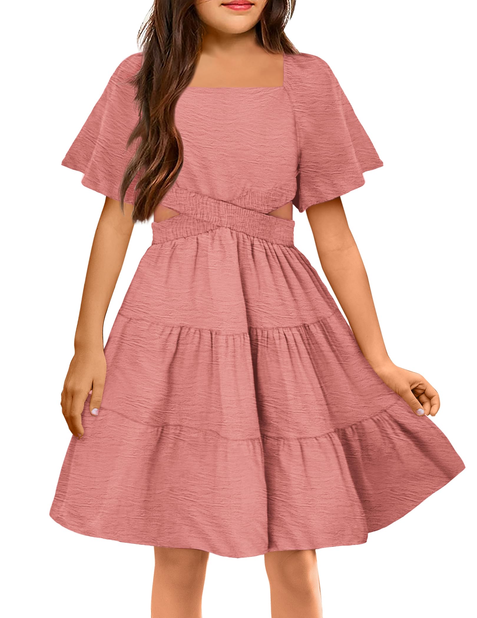 Arshiner Girls Dresses Square Neck Cut Out Shirred Party Cute Tween Dress