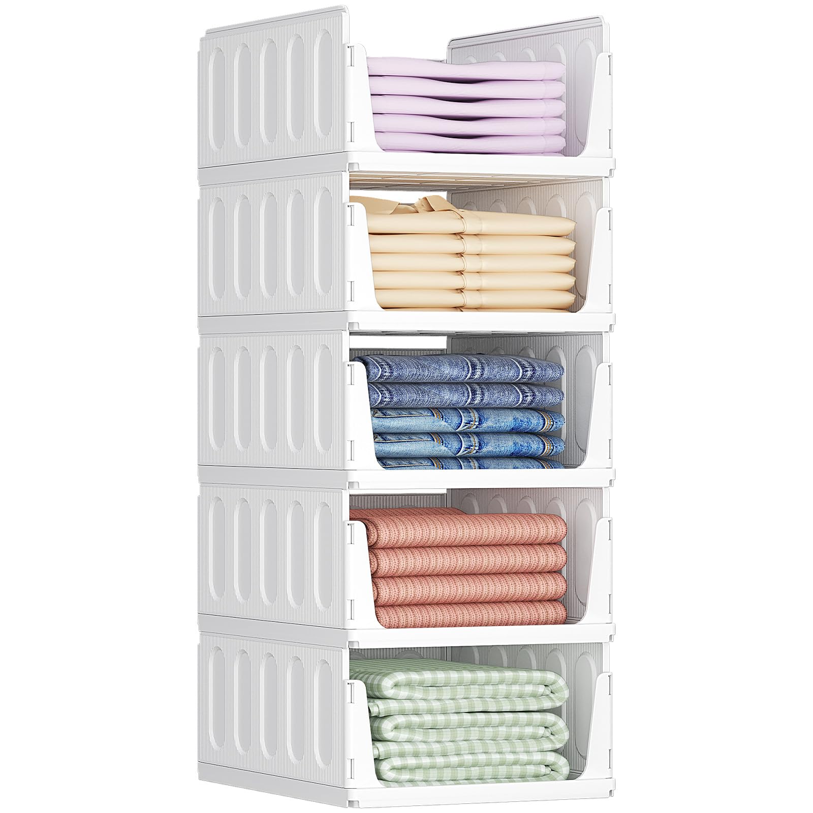 Lifewit 5 Pack Wardrobe Storage Organiser, Stackable Closet Organizer, Hat Boxes, Plastic Clothes Basket, Cupboard Shelves for RV, Bathroom, Kitchen, Laundry Room, Office, Dorm, White, 42 cm Depth