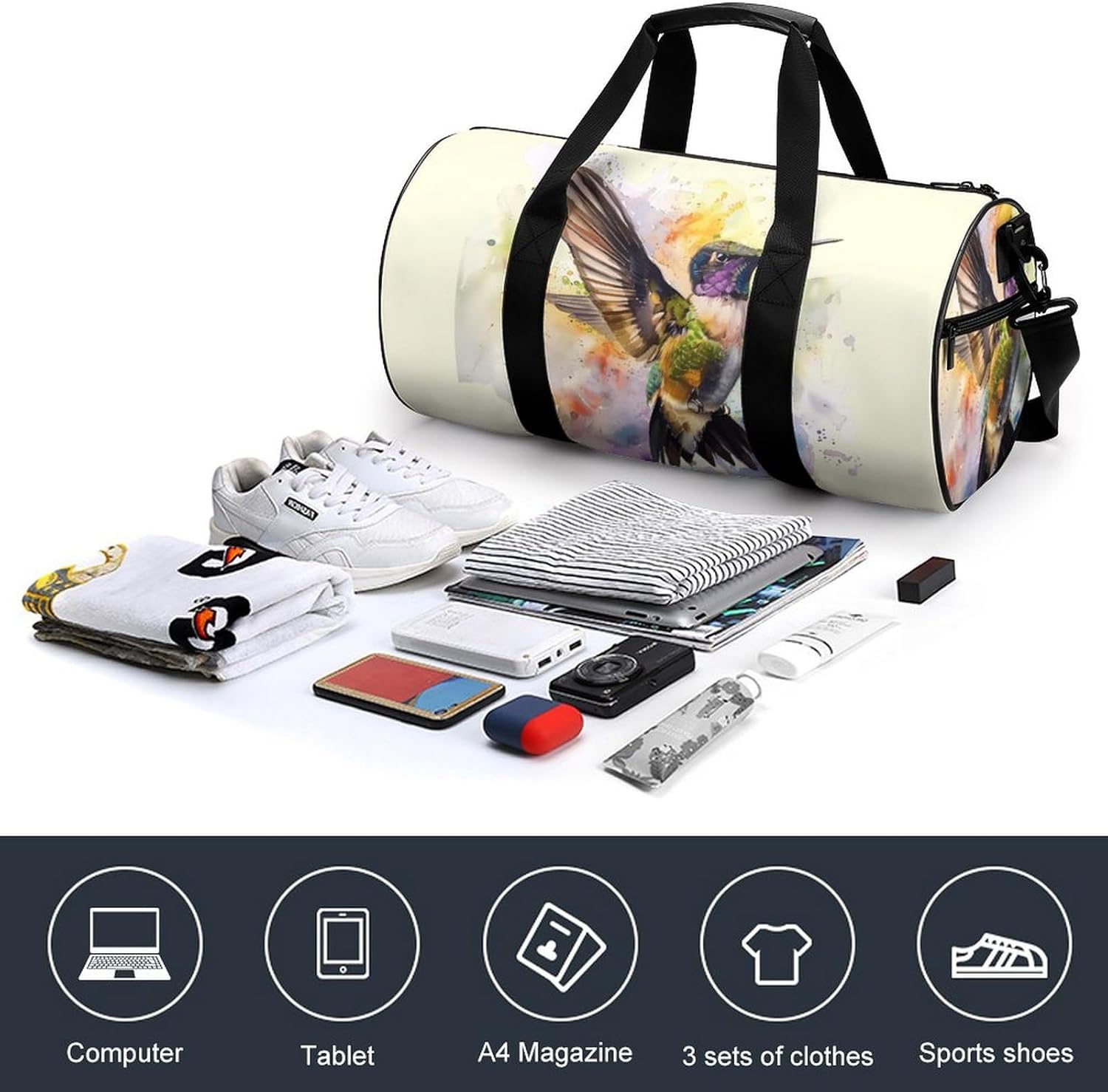 Hummingbird Watercolor Gym Sport Bag Travel Duffle Backpack Weekender Overnight with Shoes Compartment for Women Men