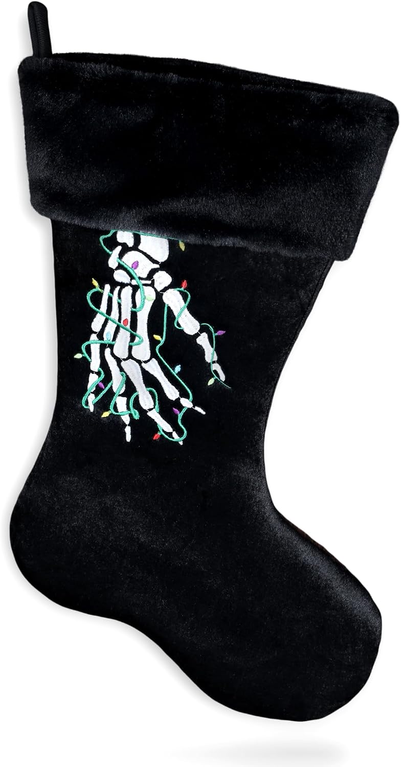 Black Christmas Stocking, Velvet and Faux Fur - White Skeleton Hand Embroidery, Xmas Light Art - Goth Hexmas Decor, Spooky Gothic Decoration