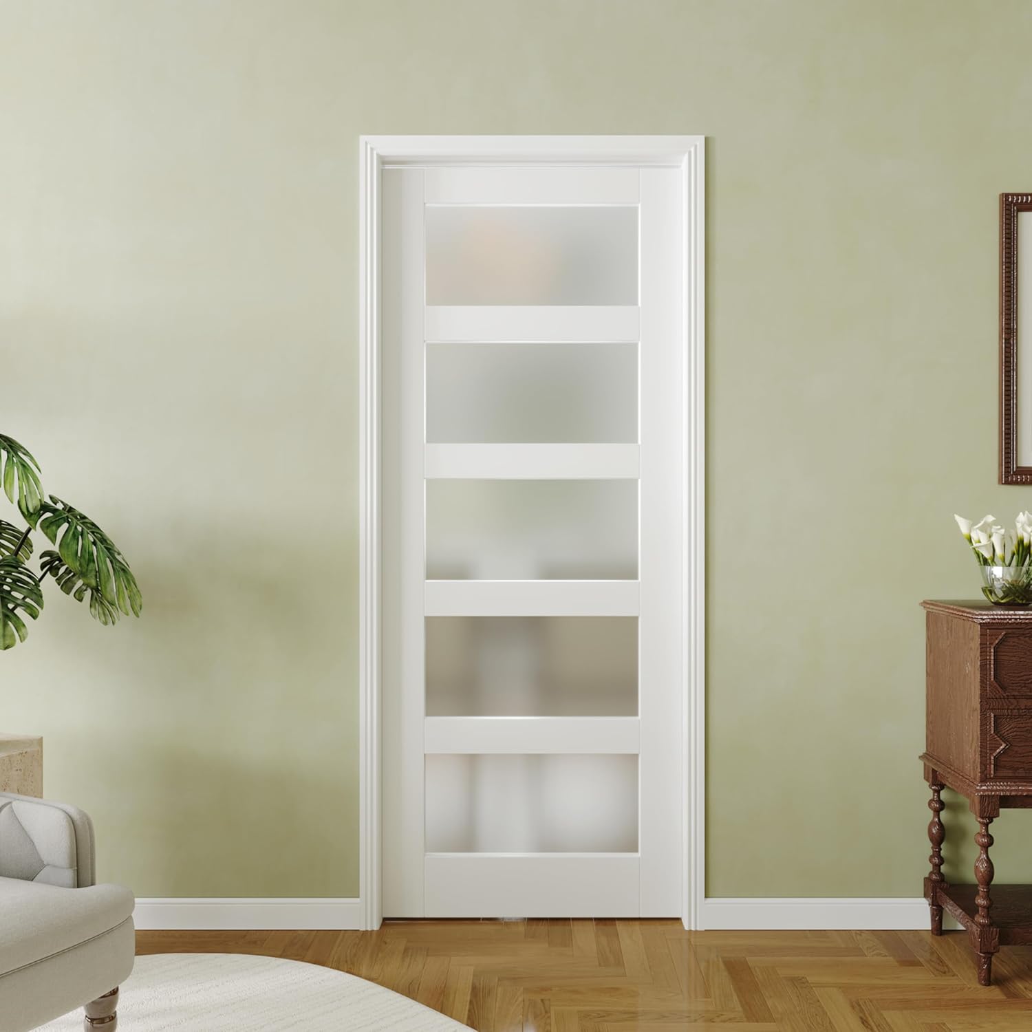 Pantry Doors, 30" x 80", Interior Door, 5-Lite Frosted Glass, Single French Door Slab for Closet & Bedroom - Assembly Required, MDF, White Primed