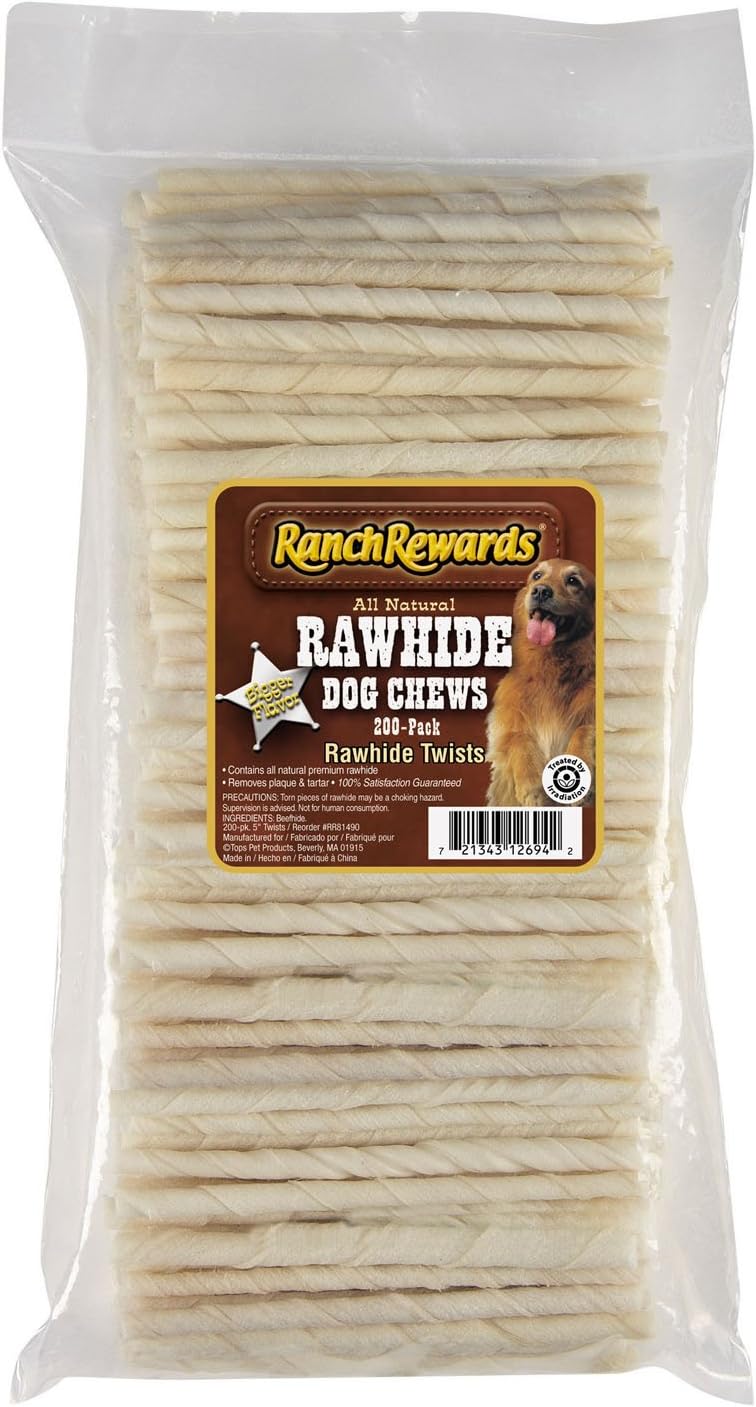 Ranch Rewards Natural Rawhide Twists — Satisfying Chews for Dogs - 5", 200-Pack