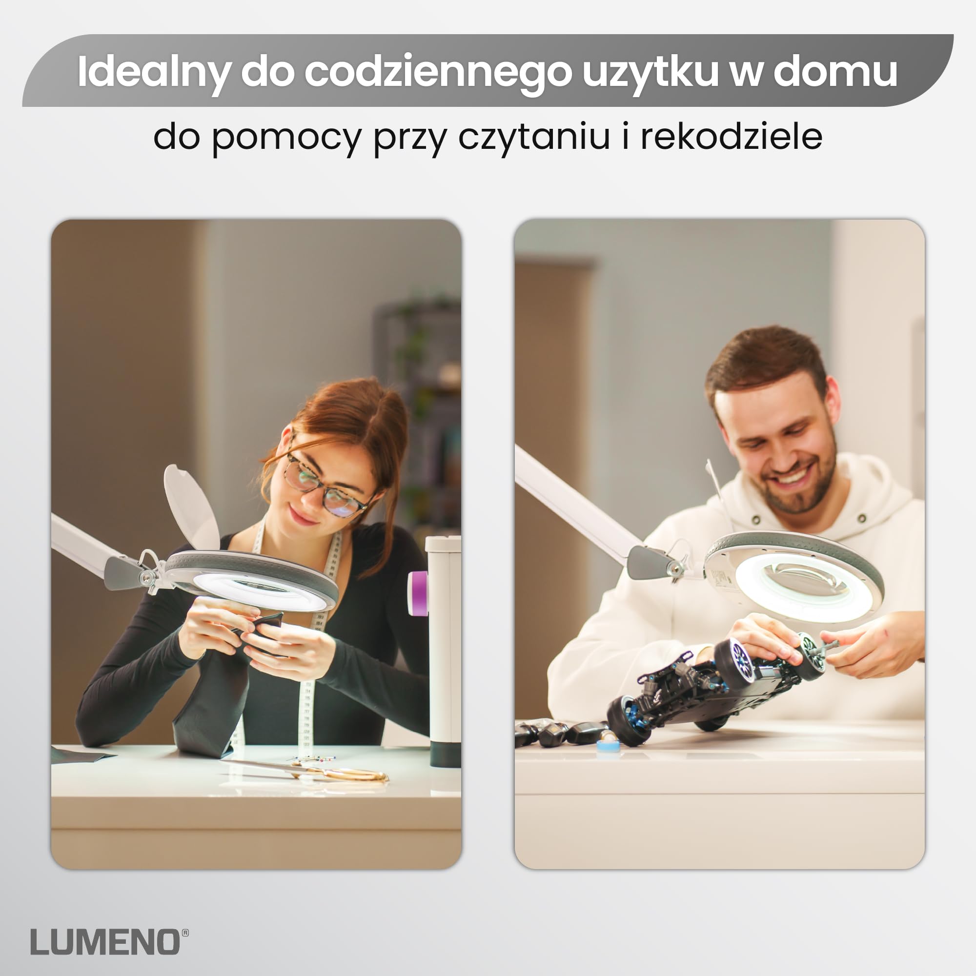 Lumeno 8213GR Lampa powiększająca LED Lampa do pracy Lampa kosmetyczna, regulowane poziomy jasności, krystalicznie czysta szklana soczewka 127 mm, pomoc w czytaniu/lupa, 3 dioptrie