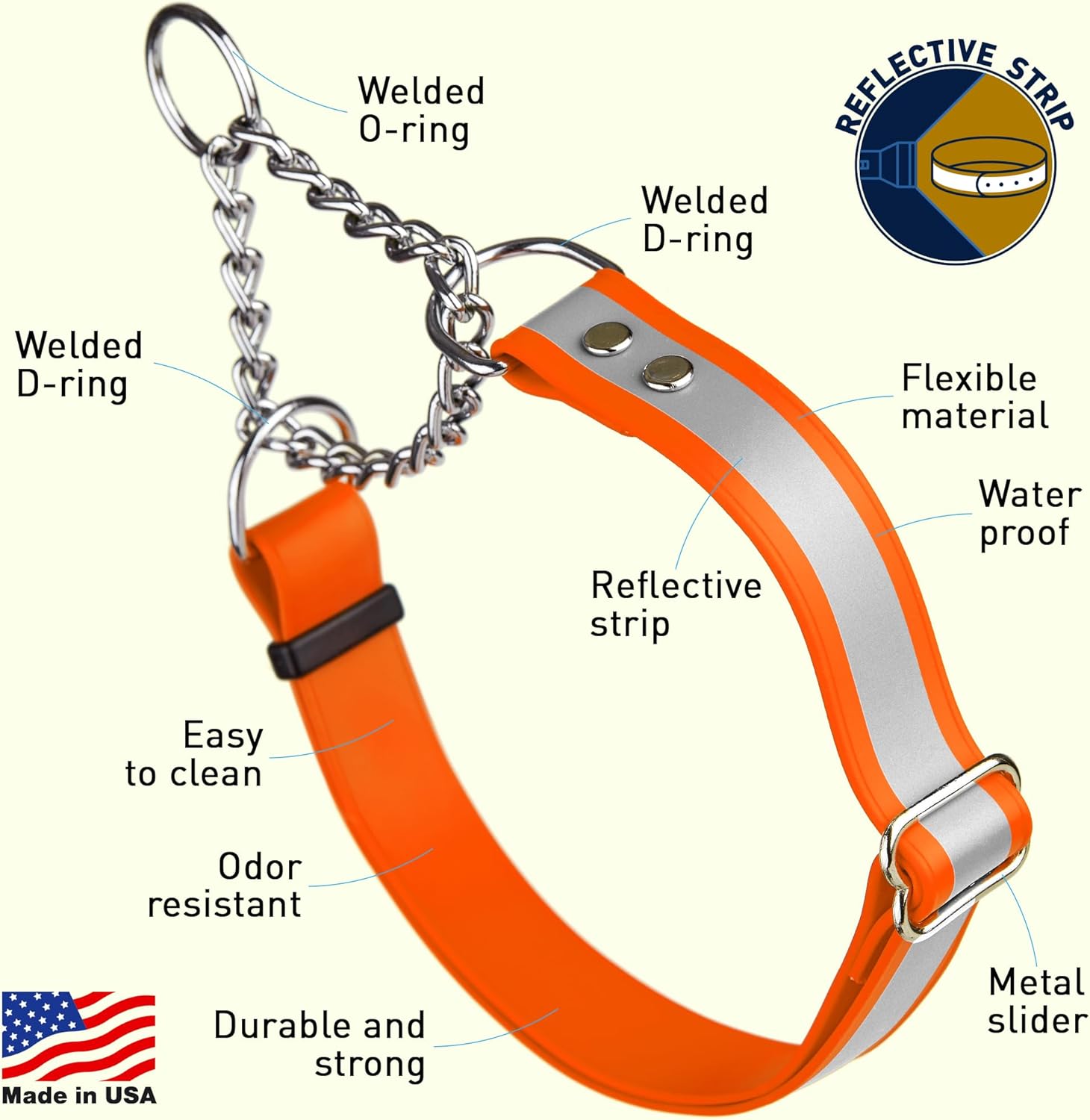 Dogline Martingale Waterproof BioThane Dog Collar – Premium Safety Adjustable Dog Collar with Reflective Strip – Dog Collar Herm Sprenger Assembly Chain – Comfortable and Lightweight – Easy to Clean