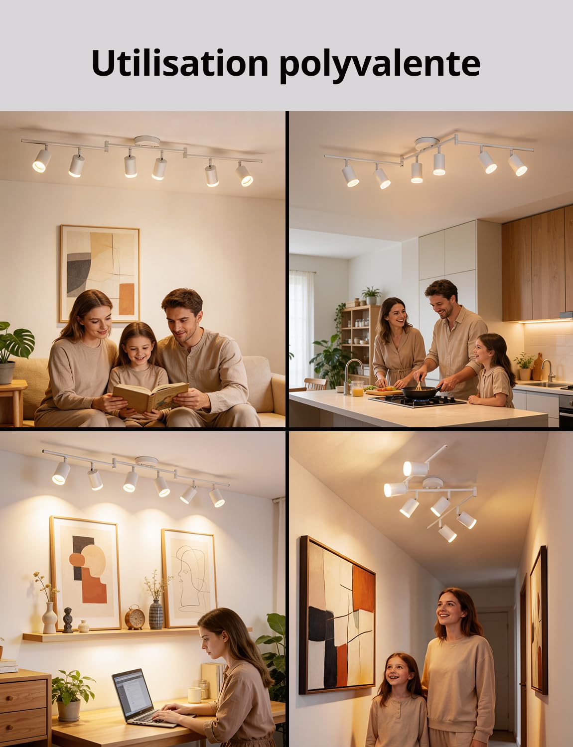 Bojim Blanc Plafonnier LED 6 Spots Cuisine Lumiere Plafond Orientable Eclairage Précis, Lustre GU10 Ceiling Light Long Lampe Rampe Spot sur Rail pour Interieur Salon Bureau Chambre, Sans Ampoules