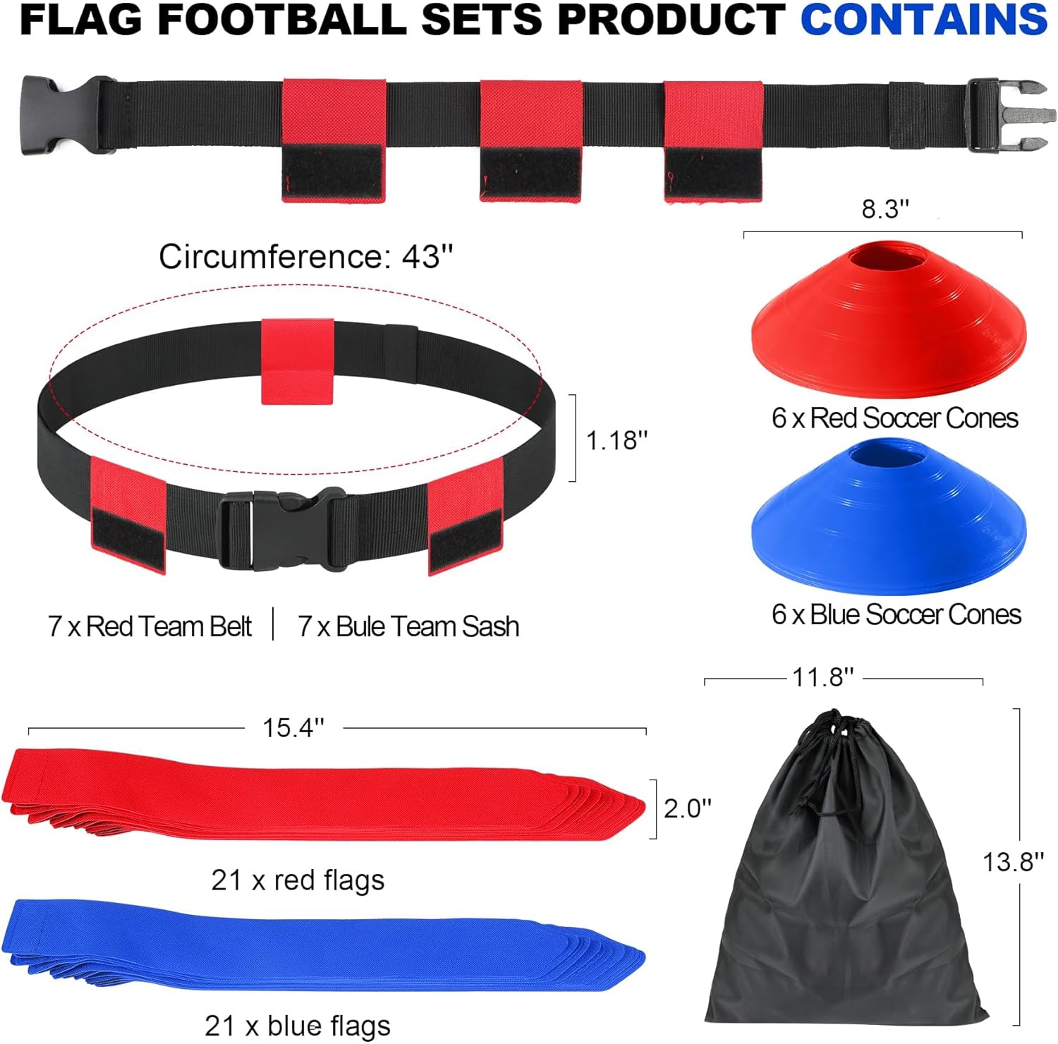 Flag Football Belts 14 Player Set, 71Pcs Professional Flags and Belts Kit for Adult and Youth, Heavy Duty Nylon Training Equipment for Scrimmage, Practice, Backyard and Pick Up Games, Red and Blue