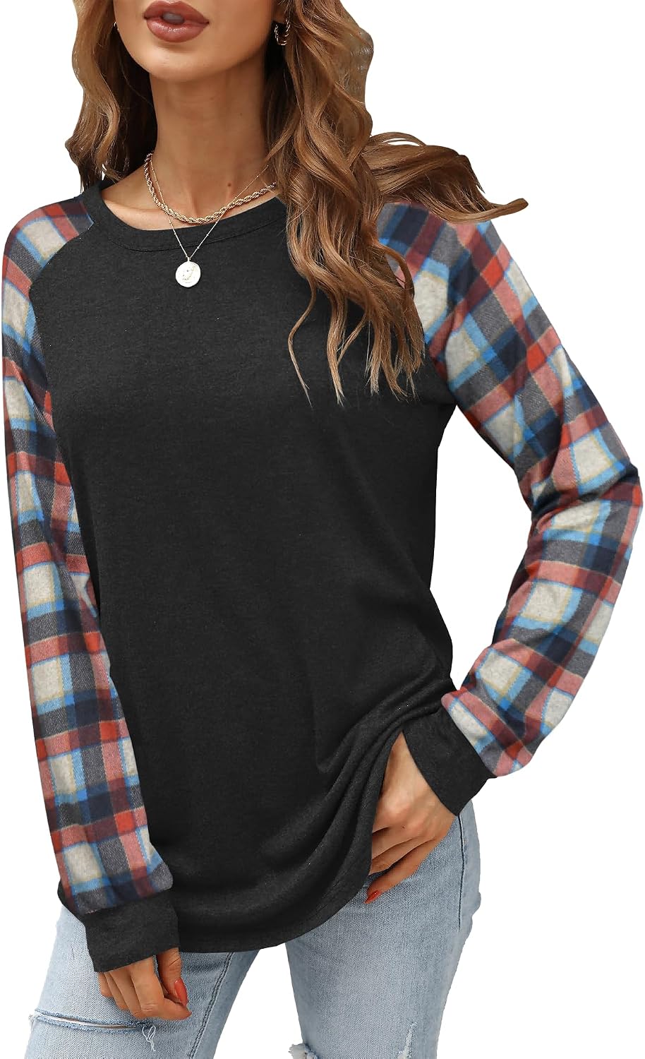 Aifer Womens Long Sleeve Shirts Crew Neck Casual Tops Fashion Loose Fit Trendy Tunic Outfits Clothes