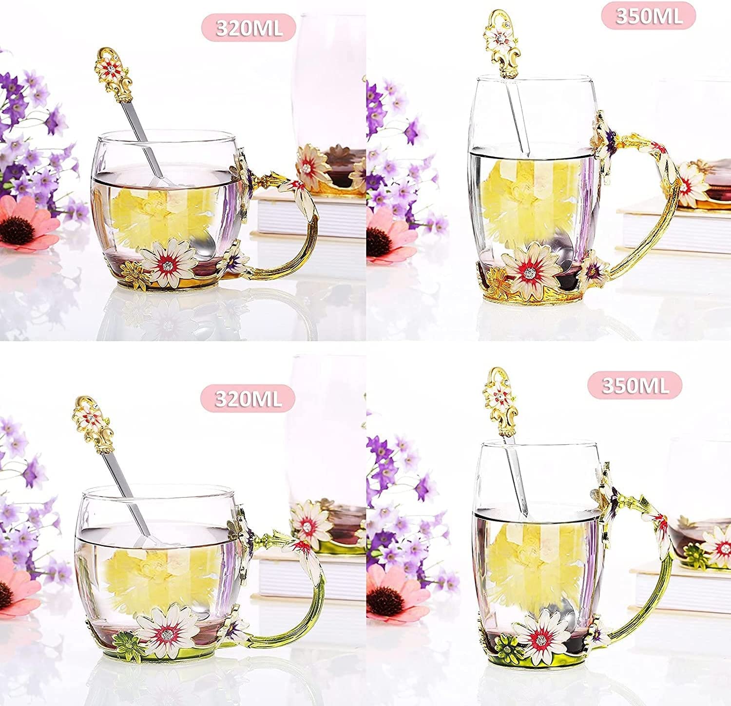 Kaffeetassen aus Glas mit Blumenmotiv, Emaille-Glasbecher, Emaille-Blumen-Teeglas, Kaffeetasse, Glasbecher, kreative Emaille-Kristall-Teetasse, Kaffeetasse, Schmetterling, Rose, bemalte Blume, Wasser