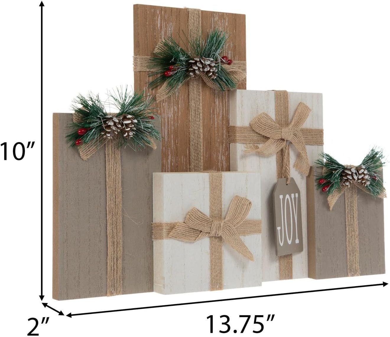 Hobby Lobby Rustic Christmas Gift Box Tabletop Decor, White and Taupe Wood Panels with Pine Cones, Burlap Bows, Joy Tag, 10 x 13.75 x 2 Inches, Holiday Home Office Decoration