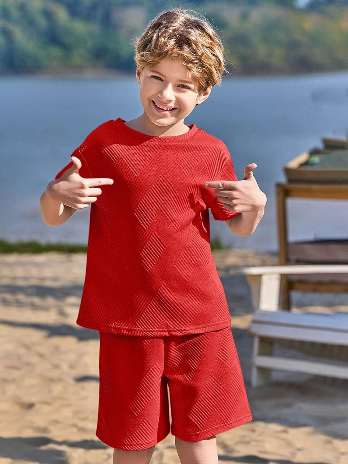 Haloumoning Boys 2 Piece Summer Outfits Short Sleeve Tshirts and Elastic Waist Shorts Casual Texture Sets - Image 2