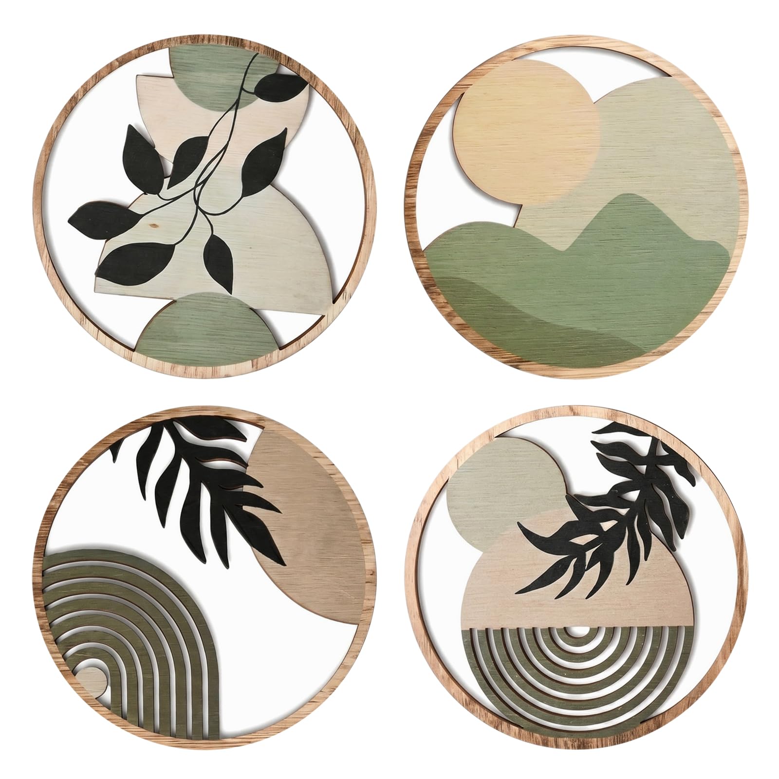 4 Pcs Boho Green Botanical Wooden Wall Art Decor, Minimalist Sage Green Wall Decor Hanging Sign for Living Room Bedroom Bathroom Office Farmhouse Aesthetic Room Decor