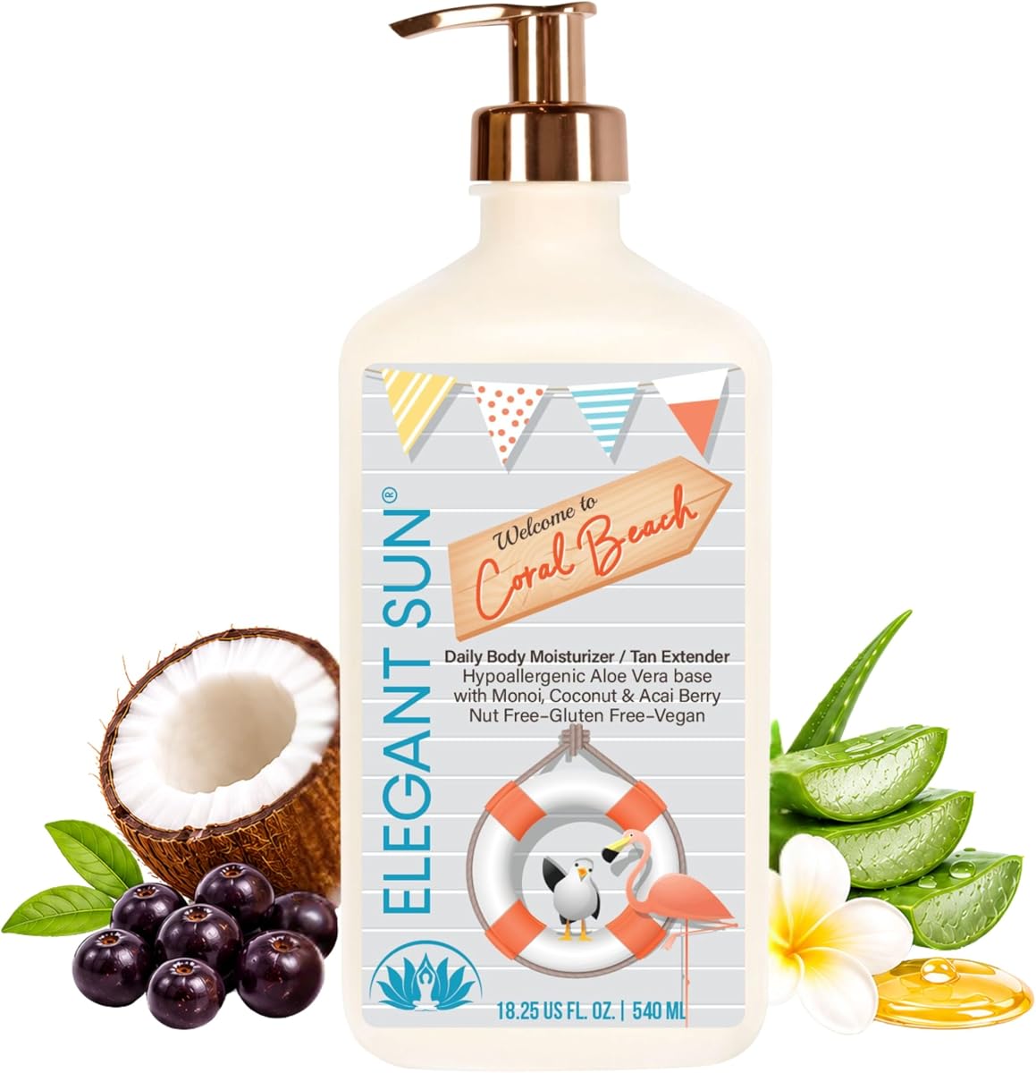 Elegant Sun Coral Beach Daily Moisturizer, Tan Extender Lotion, for After Sun or Tanning Bed, Aloe Vera base, Hypoallergenic, Sensitive Skin, Great for Men and Women, Unisex Fresh Scent