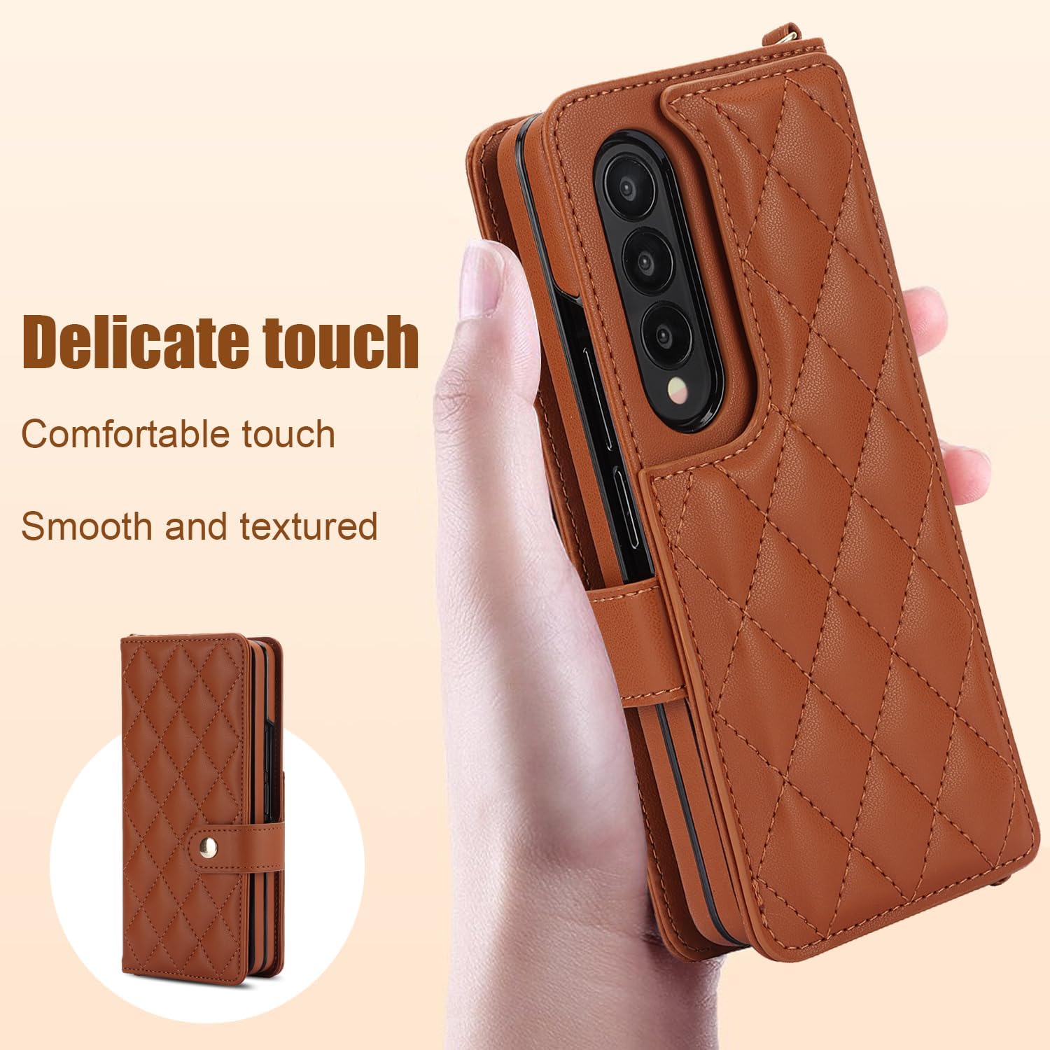 for Samsung Galaxy Z Fold 3 Wallet Case with S Pen Holder & Crossbody Lanyard Strap & Wrist Strip, Shockproof Stylish Protective Cover for Galaxy Z Fold 3 (Brown)