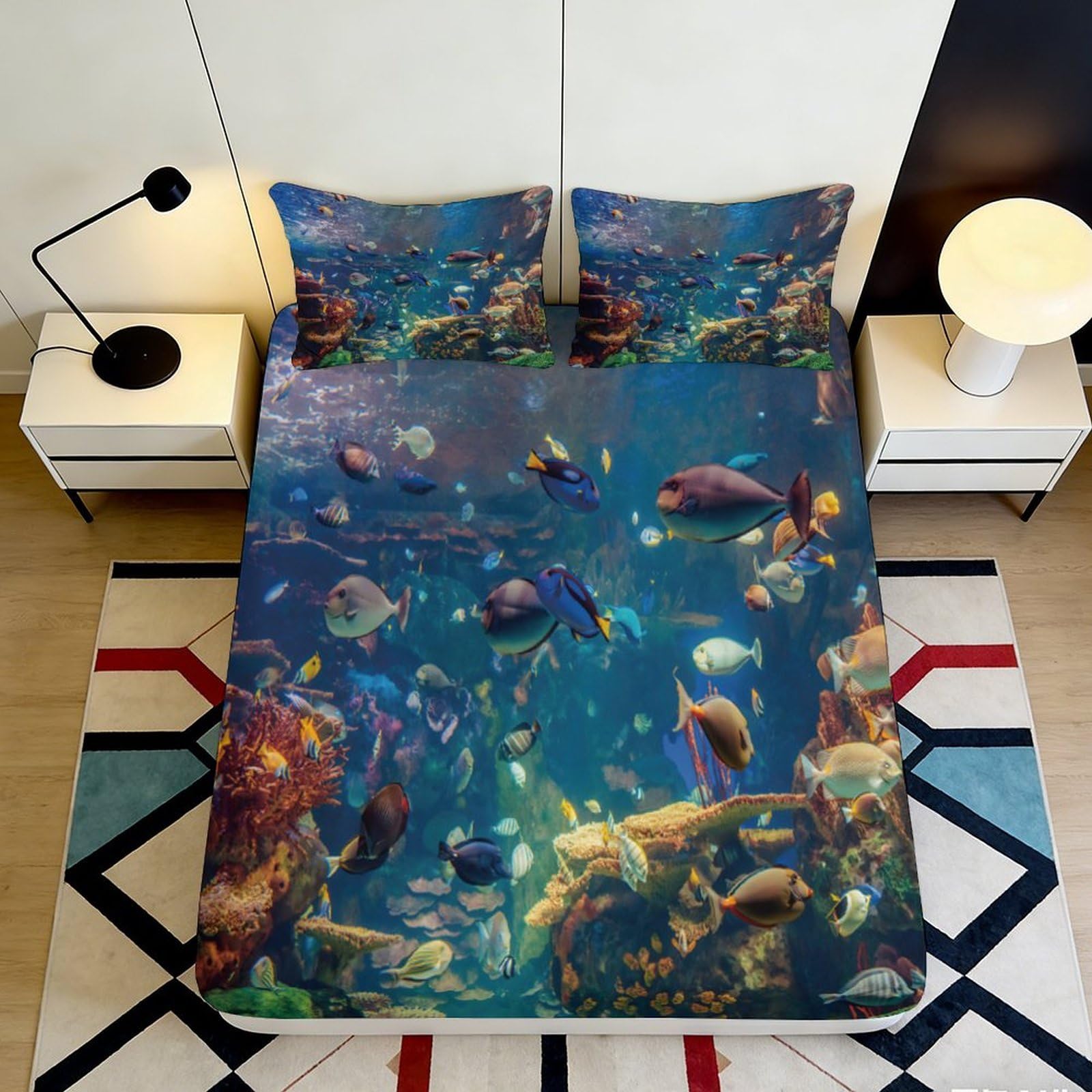 3D Printed Ocean Fish Fitted Sheet Microfiber Soft Breathable Coral Reef Mattress Cover for Bedroom Guest Room Decor 90x200x25cm