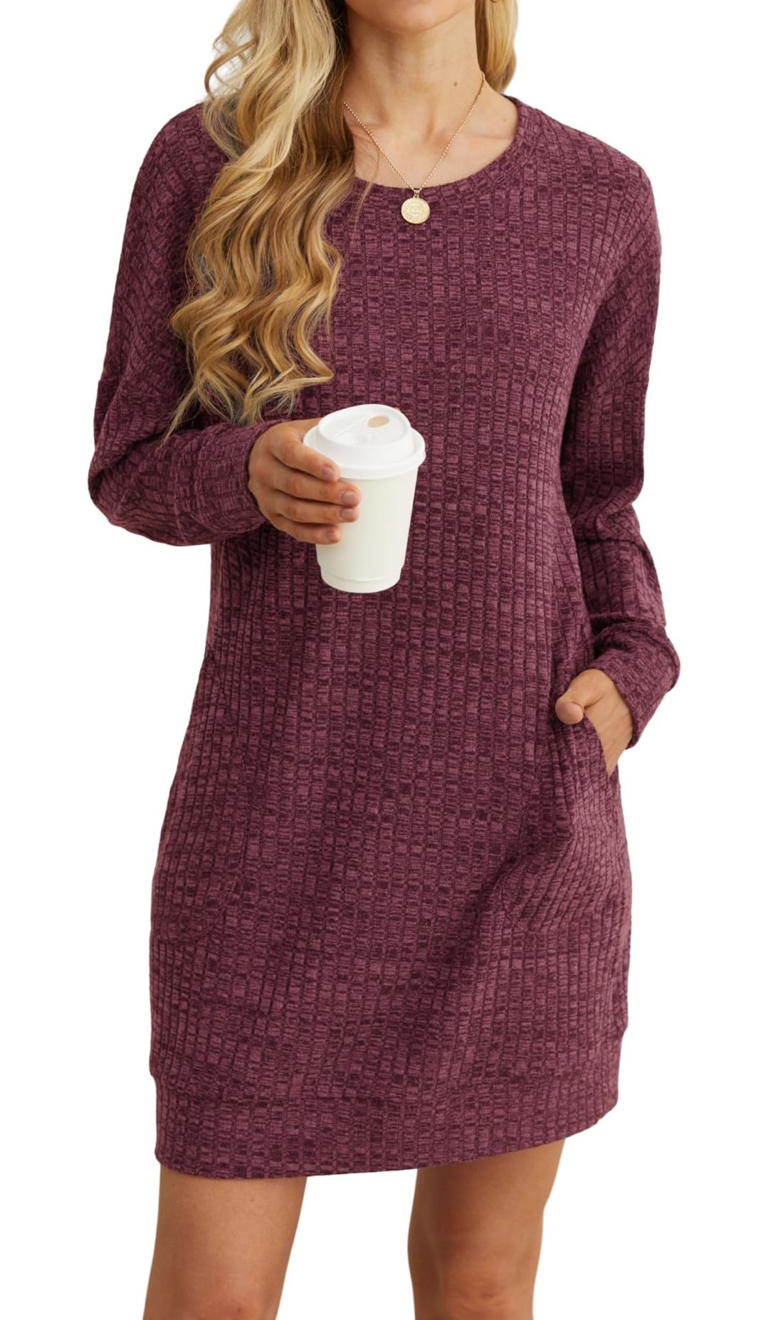 PrinStory Damespulloverjurk met lange mouwen, halve ritssluiting, V-hals, sweatshirtjurk met zijzakken, Beige, L