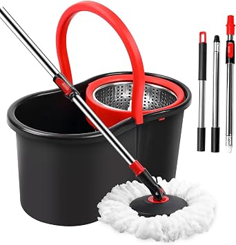 Spin Mop and Bucket, Mop and Bucket with Wringer Set for Home, 360 Spinning Mop Bucket Floor Cleaning Tool with 1 Microfiber Mop Replacement Head,50" Stainless Steel Handle Black-Includes 1 mop