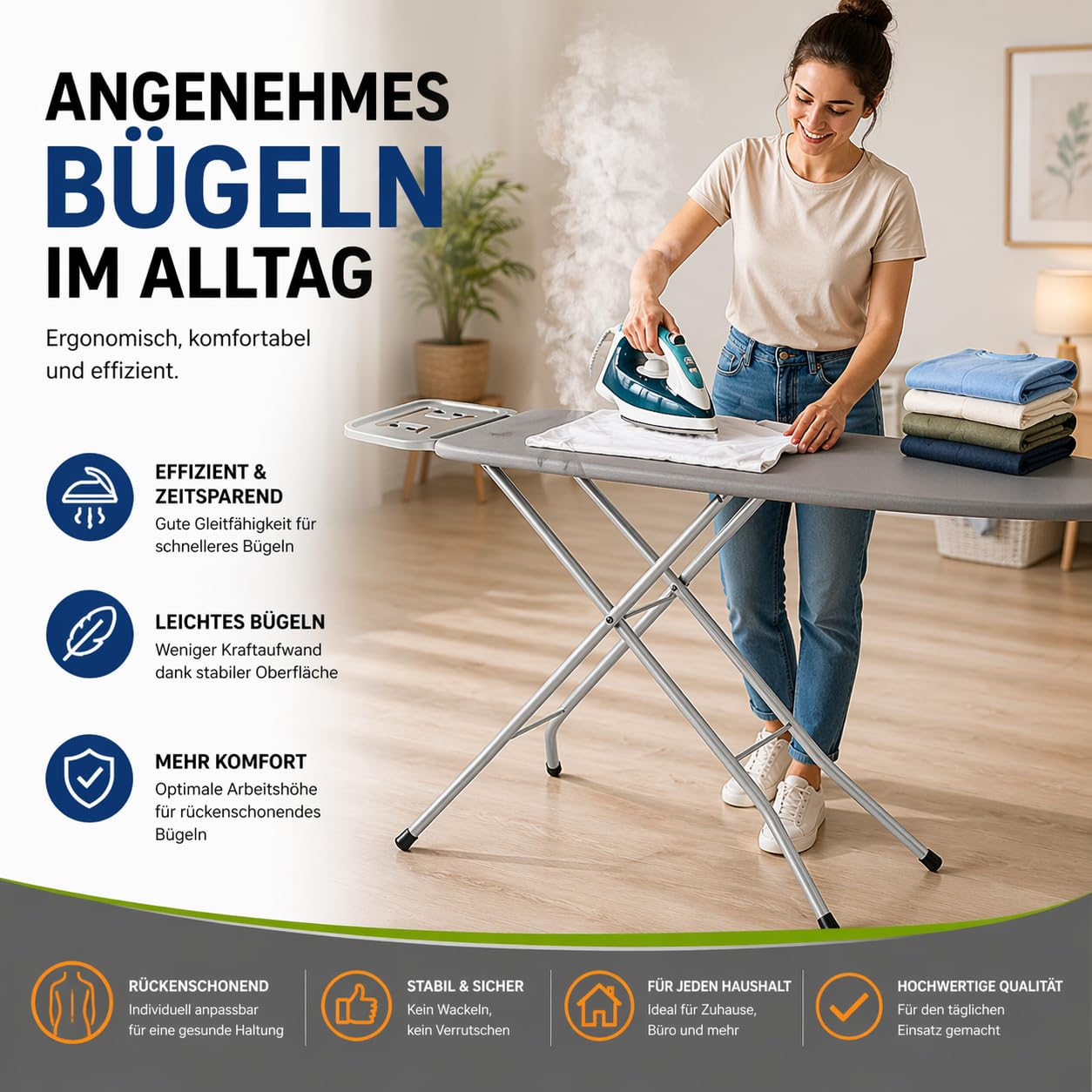 VELORA ® Bügelbrett [105x30 Bügelfäche] mit rutschfesten Füßen – robuster Bügeltisch – extra stabiles Bügelbrett [Made IN EU] höhenverstellbar (grau)
