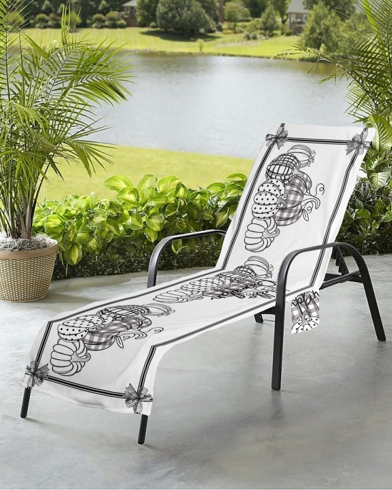 Thanksgiving Beach Chair Towel Covers for Chaise Lounge with Side Pocket, Soft Plush Pool Towels Cover for Patio Sunbathing Outdoor 29''x85'' Boho Polka Dot Pumpkin Black Monochrome Sketch