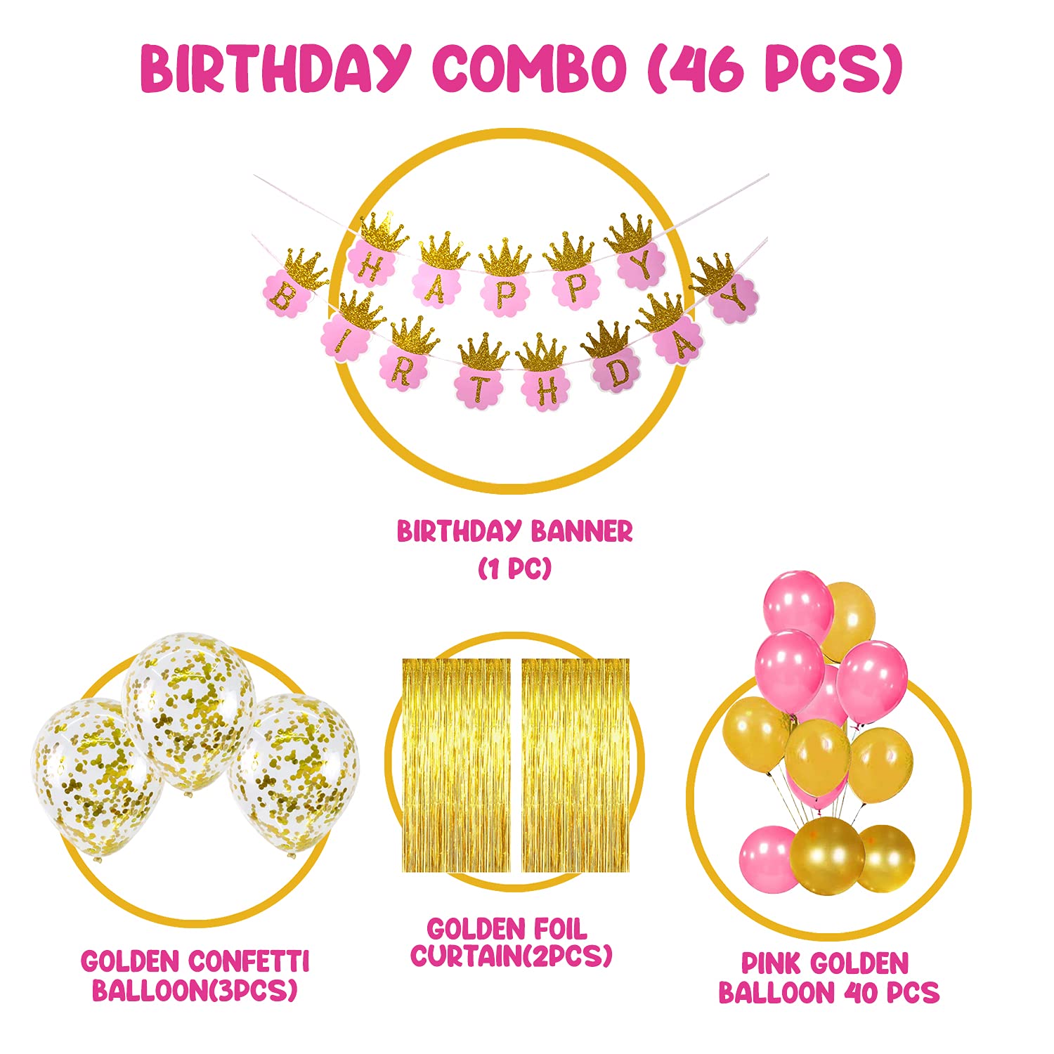 Party Propz Pink Happy Birthday Decoration Kit for Girls 46pcs Combo Banner (cardstock) Golden Foil Curtain Balloon Metallic Confetti Girls Birthday Decoration Items/Kids Birthday Decoration Items